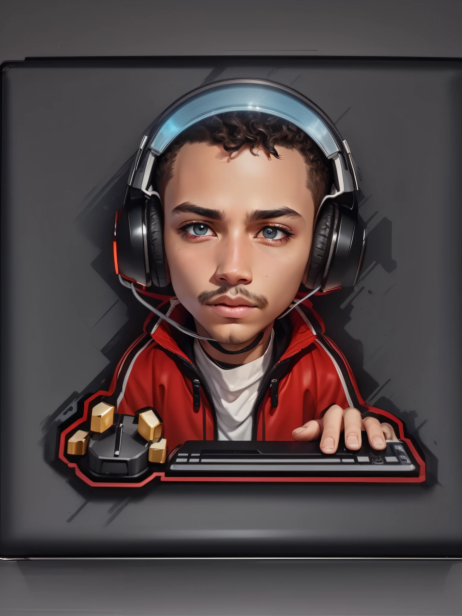 Cartoon, logo, gamer, young man, (front view), playing on computer, concentrated, earphone, short curly hair and short short almost shaved, red T-shirt, brown eyes, mustache with the tips facing up, goatee, solo, __body-parts__, official art, ultra detailed, beautiful and aesthetic, beautiful, masterpiece, best quality, RAW, masterpiece, super thin photo, best quality, super high resolution,  Photorealistic, background with red and blue light, incredibly beautiful, dynamic pose, delicate face, vibrant eyes, detailed face, gorgeous, milky, highly detailed skin, realistic skin details, visible pores, sharp focus, volumetric mist, 8K UHD, DSLR camera, high quality, film grain, light skin, photorealism, lomography, expanding metropolis in a futuristic, translucent dystopia. --auto --s2