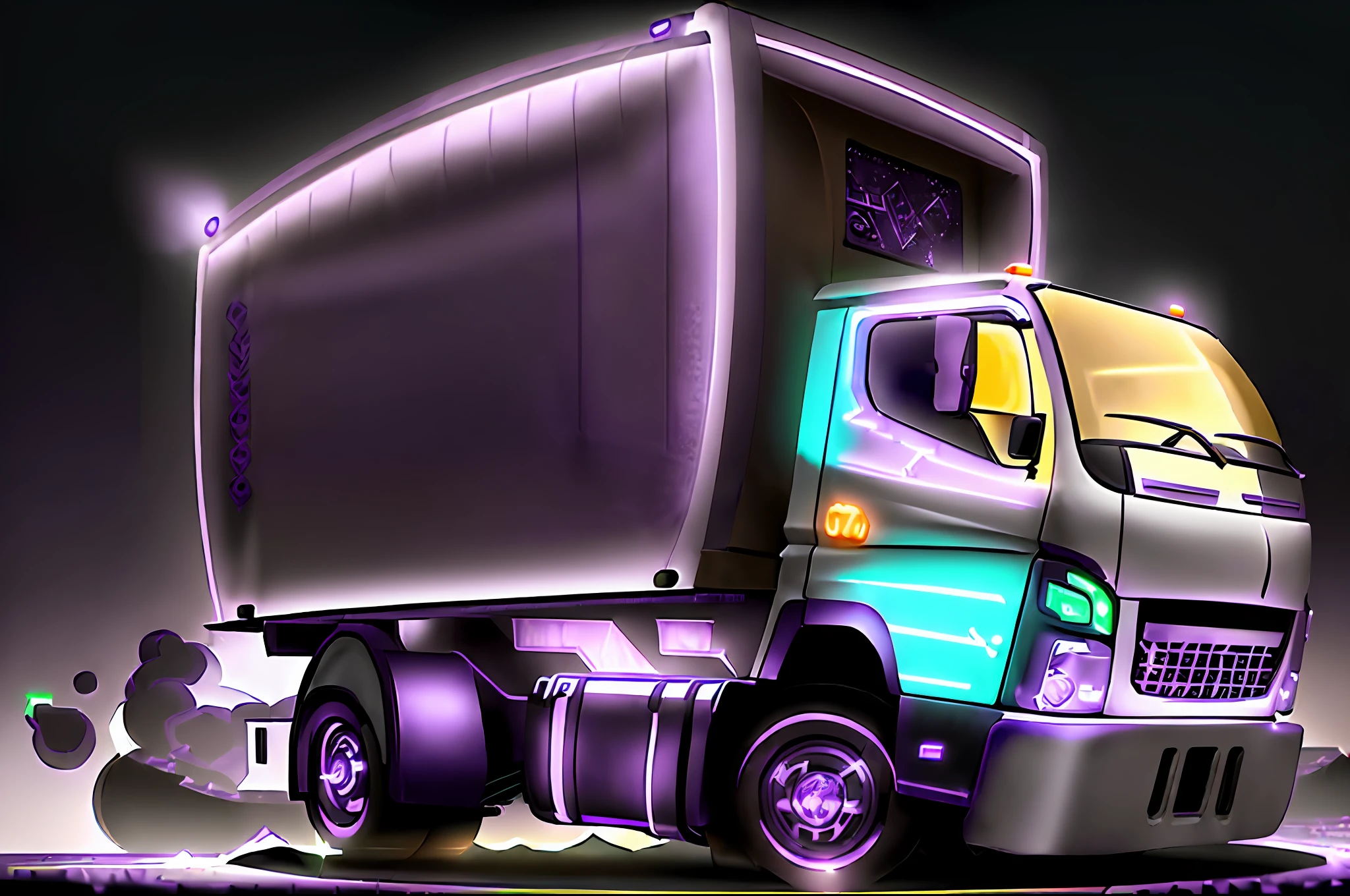 a cartoon truck with a white trailer on the back, truck, trucks, vehicle illustration, hd illustration, white background, illustration detailed, vehicle, full res, full device, rectangular, detailed illustration, commercial illustration, rendered art, 2070, custom, profile shot, digital rendering, ( ( ( ( ( garbage truck, full lenght view, front facing shot, GlowingRunesAI_purple