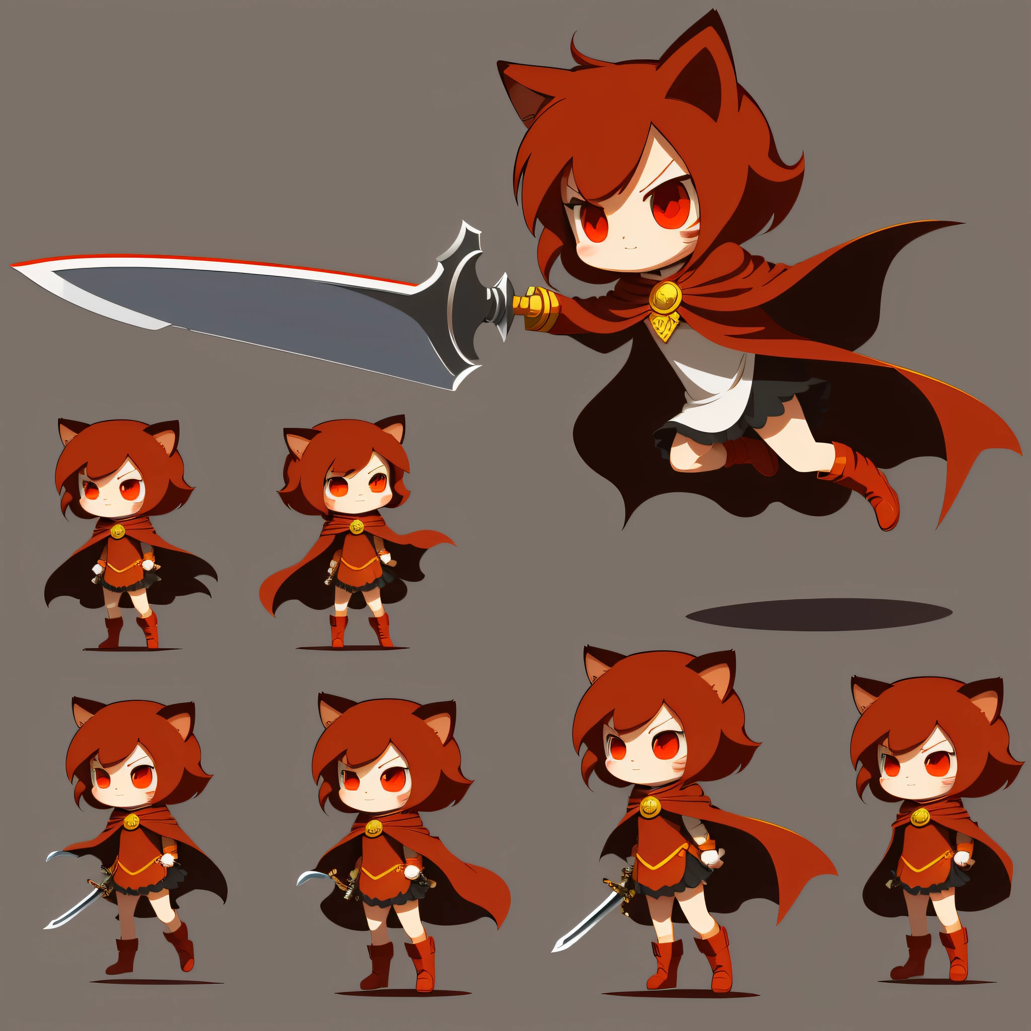 (best quality), vectorized drawing rich in detail,1 humanoid cat, female,red hair color,small and cute character,simple clothing with cape, character sheet,standing,side,front,walking,jumping with a sword,for 2d play in all positions --auto --s2