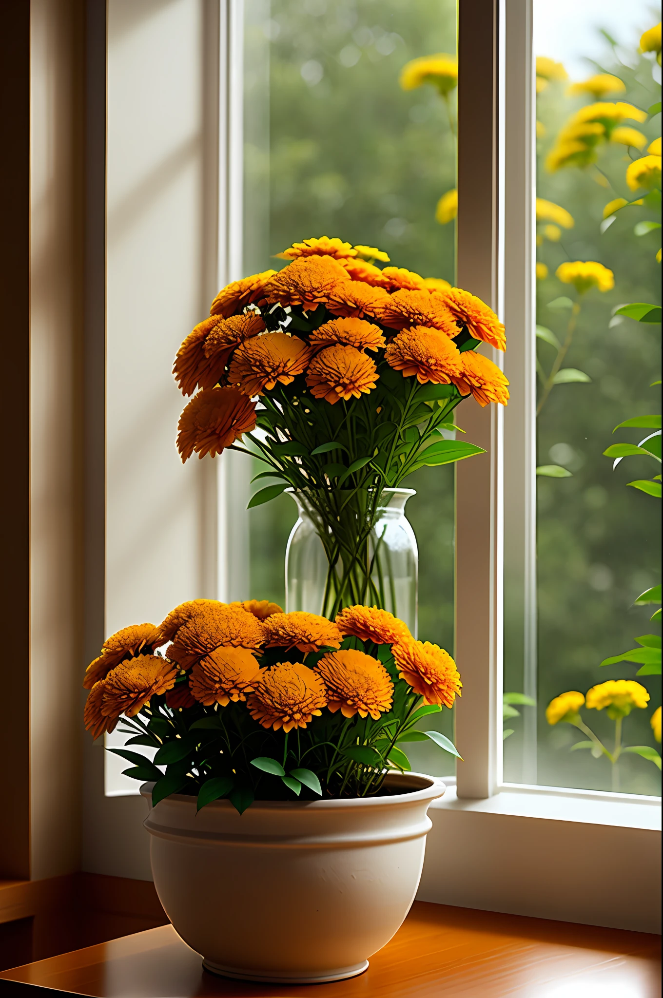 Clay pot, yellow marigold flowers, by the window, sunlight coming in, blank background, lots of details, high quality, 8k,