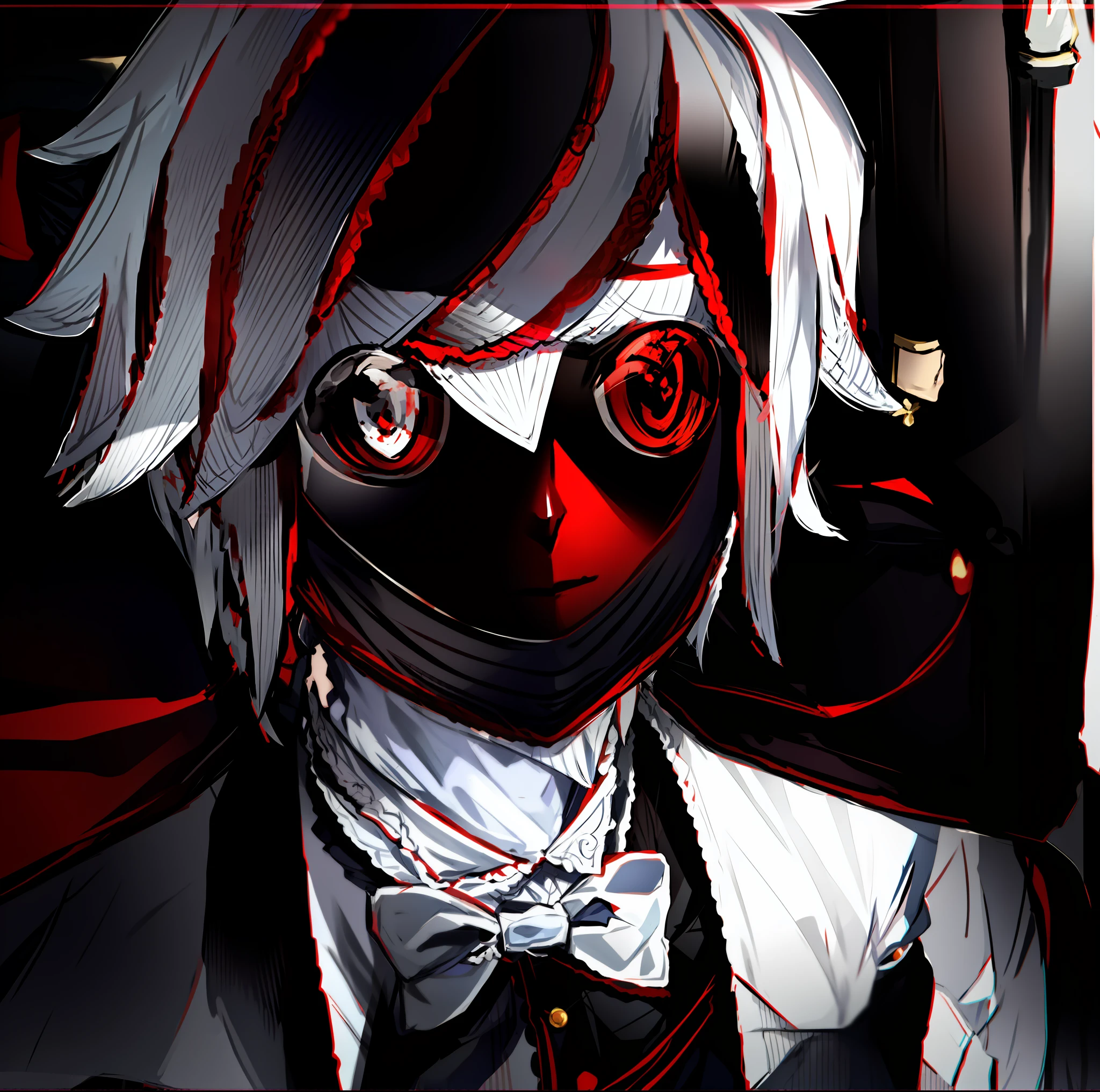 Anime boy, white hair, red eyes, dark costumes