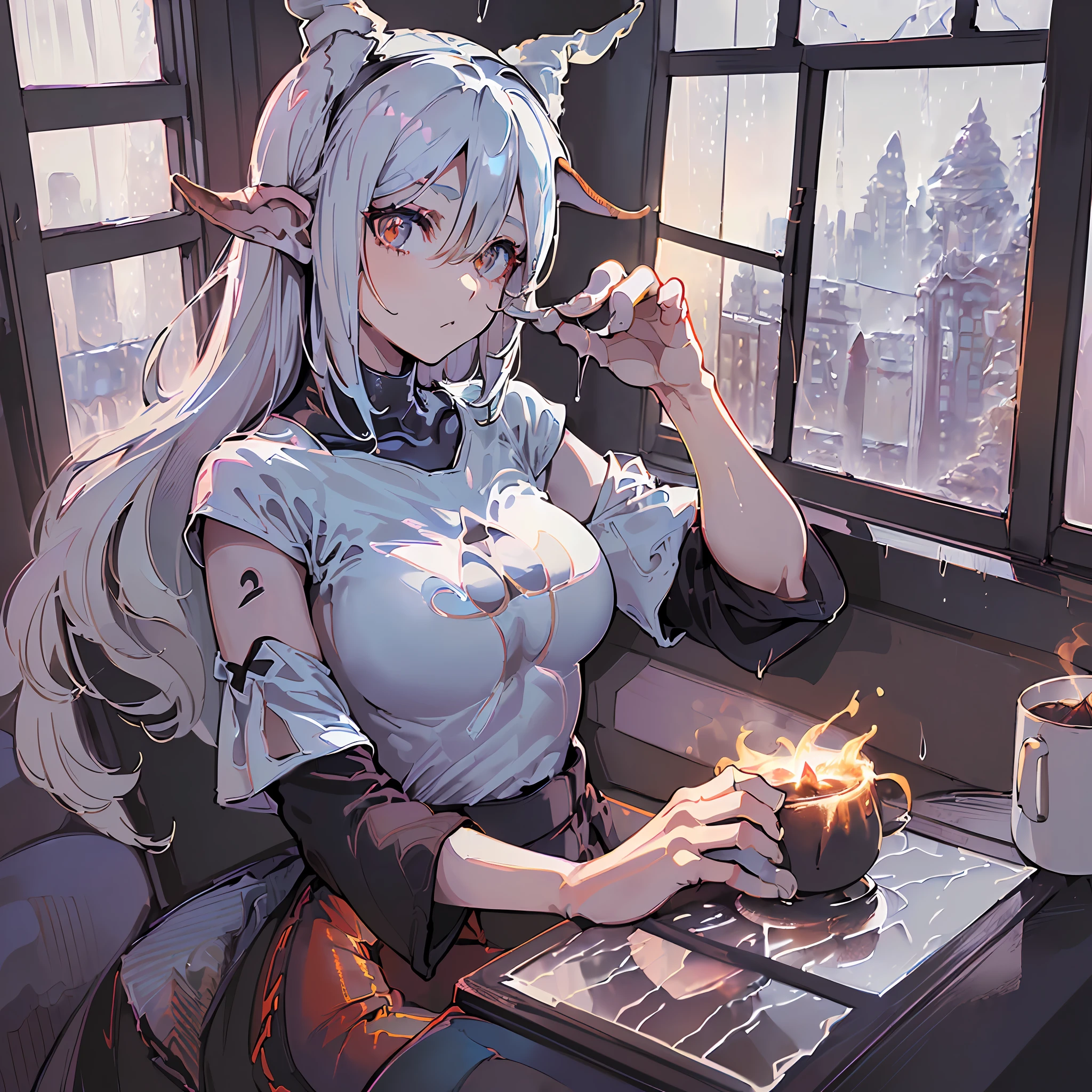 A girl, he has ((goat horns bent backwards)), is sitting on a chair, holding ((hot coffee warm steamy coffee)) ((wearing a stamp in his hand((Clothing ((Top T Shirt Long Sleeveq , Hot Flare High Waist Pant - Black )) looking at ((the window is cold rainy --auto --s2