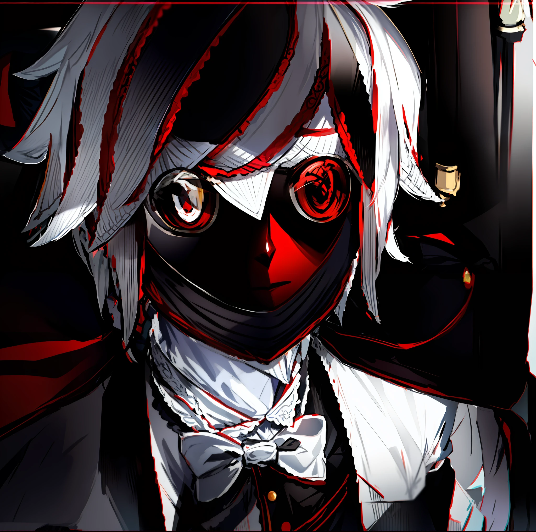 Anime boy, white hair, red eyes, dark costumes