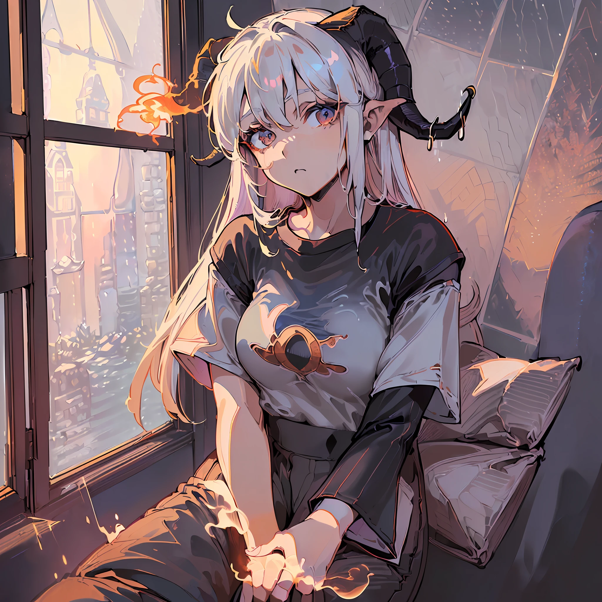 A girl, he has ((goat horns bent backwards)), is sitting on a chair, holding ((hot coffee warm steamy coffee)) ((wearing a stamp in his hand((Clothing ((Top T Shirt Long Sleeveq , Hot Flare High Waist Pant - Black‏ )) looking at ((the window is cold rainy --auto --s2