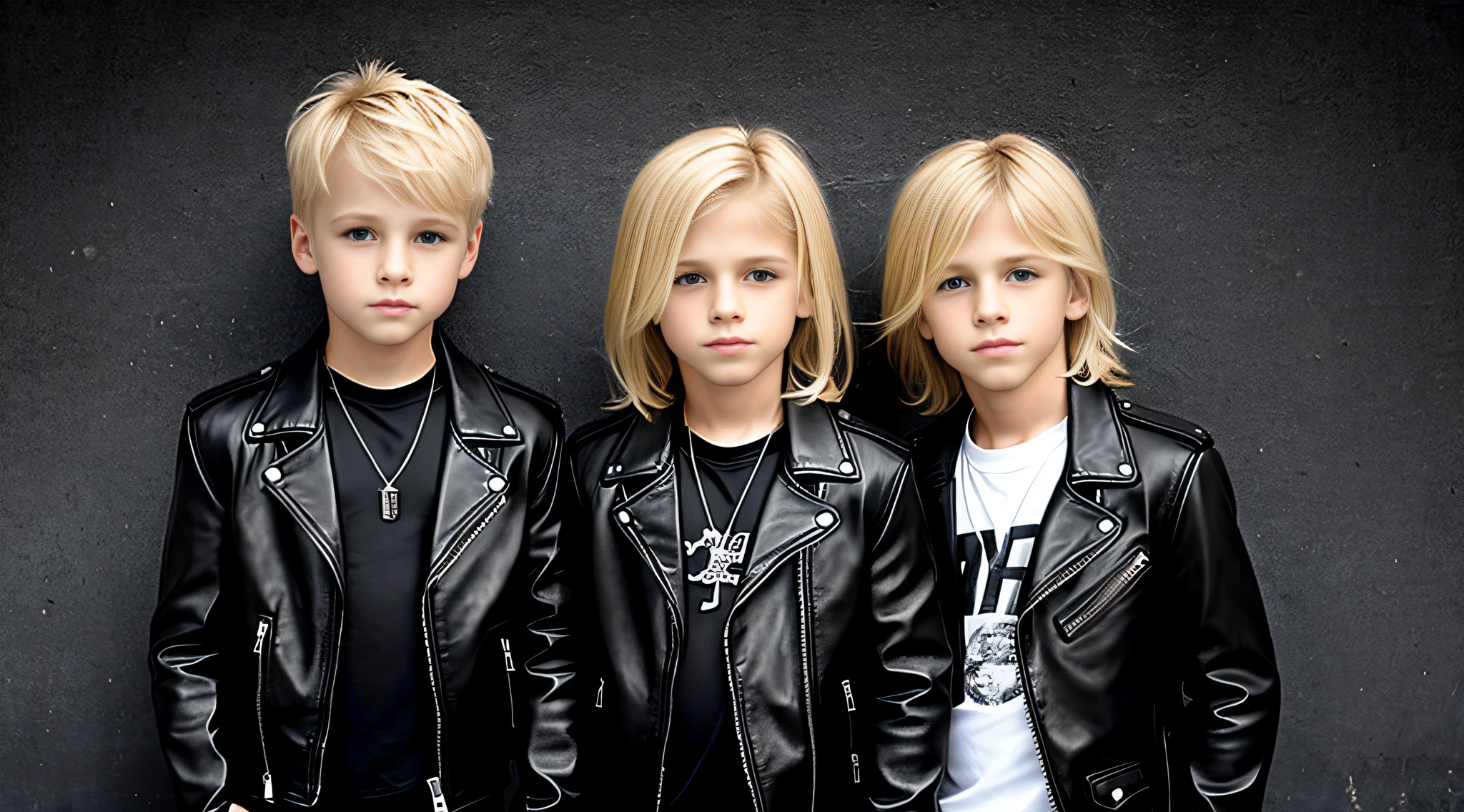boys blonde children WITH STRAIGHT HAIR, HELLISH BACKGROUND. Black leather jacket and black clothing. .