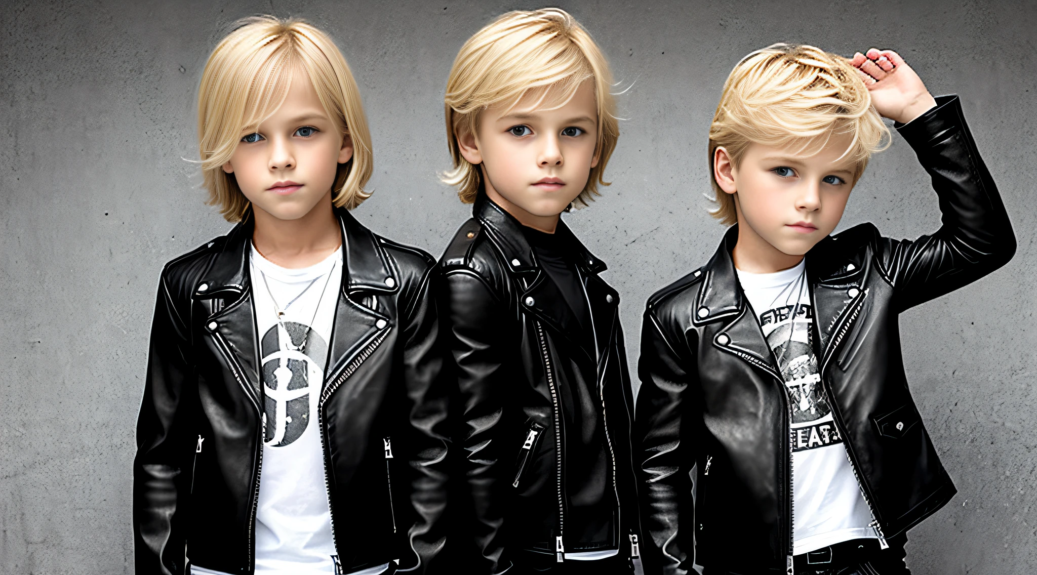 boys blonde children WITH STRAIGHT HAIR, HELLISH BACKGROUND. Black leather jacket and black clothing. .