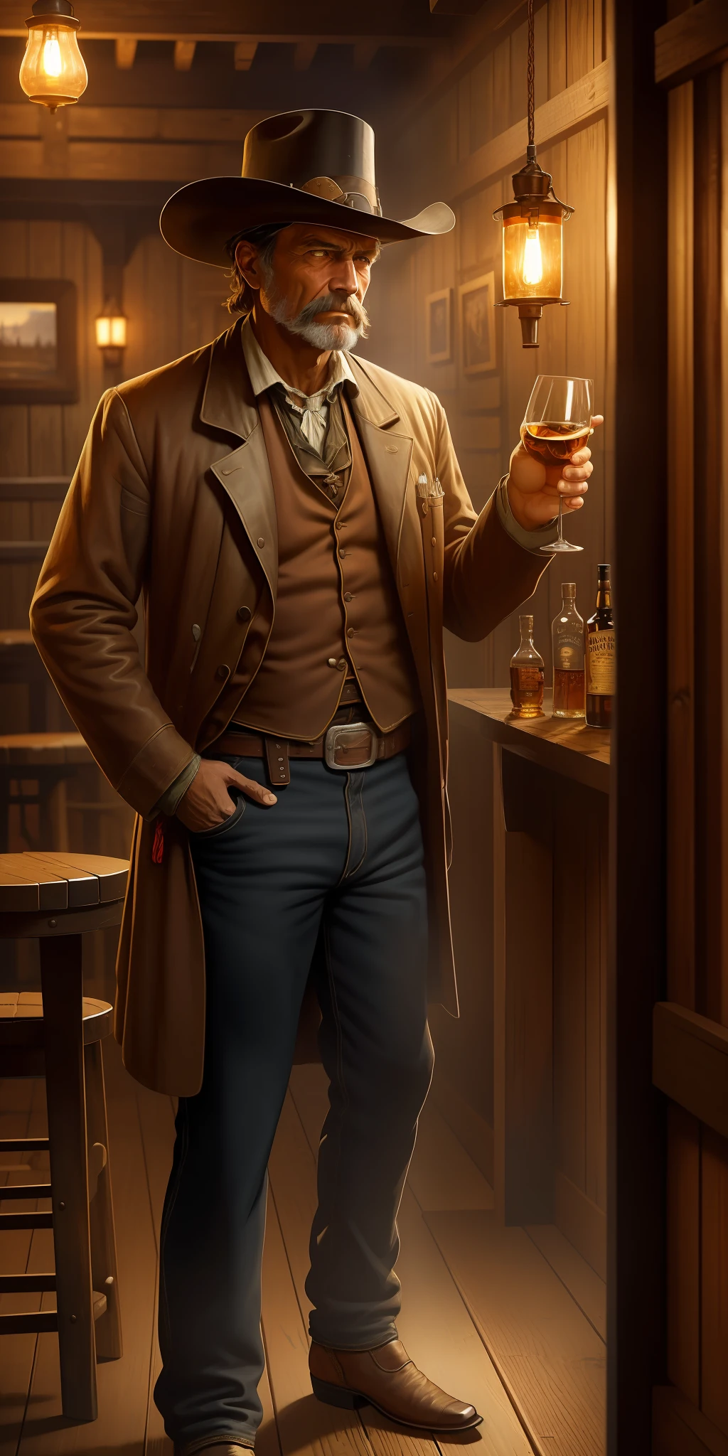 neon oil painting of an old west railroad worker having a shot of whisky in a saloon, rustic 19th century American Old West, contemplative expression, by Frank Tenney Johnson, by Frederic Remington, by HW Hansen, by Charles Marion Russell, by William Herbert Dunton, immersive composition, warm color palette