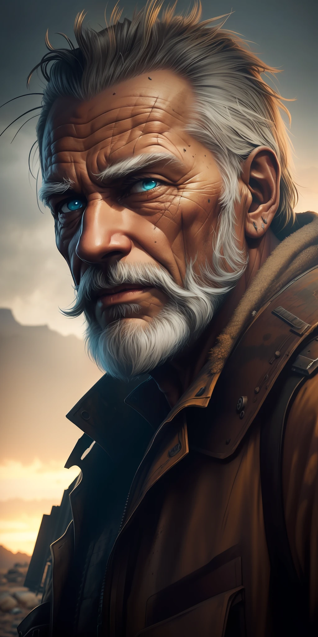 neon epic realistic, closeup, high-quality artwork of a oldman (rugged survivor:1.2) in a (post-apocalyptic:1.2) wasteland, that pops with color against the (desolate, barren:1.1) landscape, (dark shot:1.22), (intricate), (artstation:1.2), hyperdetailed