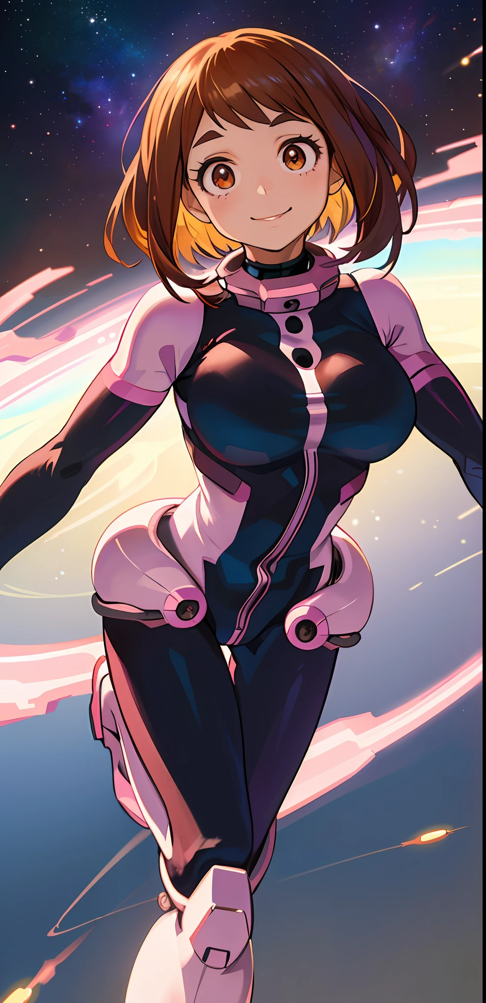 ((masterpiece, best quality;1.3)), ultra detailed, detailed background, 1girl, solo, smile,   bodysuit,ochaco uraraka, looking at viewer, large breast,pink suits,
school background, zero gravity,realistic, galaxy, space, flying