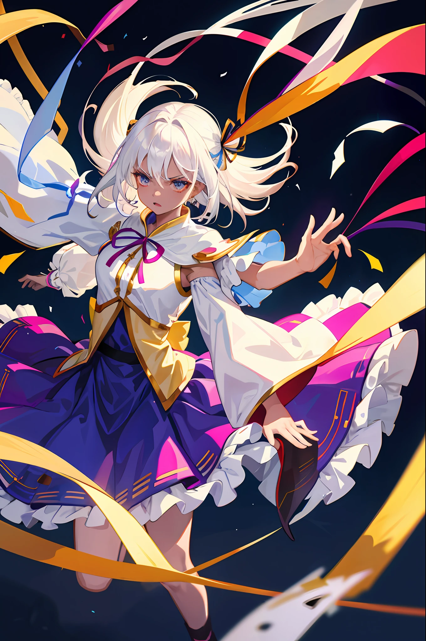 1girl, mage with flowing skirt, transparent colored streamers tied around her arms, carnival, white hair, black colored skin, she controls colored ribbons, angry expression, she is with her arms open and floating