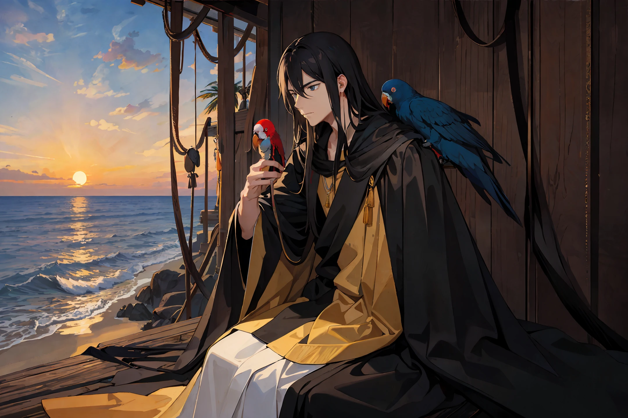 masterpiece, best quality, ultra-detailed, illustration, 1man,long black hair, king,sitting,long black robe , staring to the sea., sunset, water,beach,tree with a house.
a parrot,