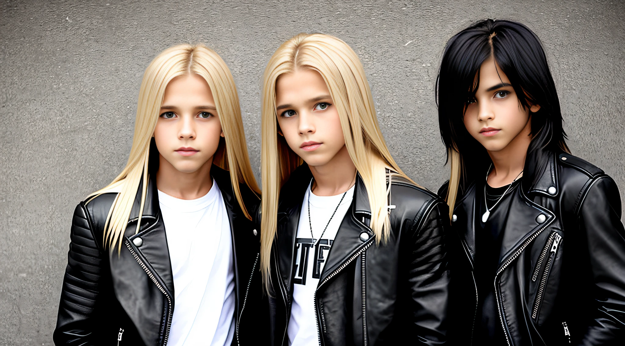 boys blonde kids WITH LONG STRAIGHT HAIR, HELL BACKGROUND. Black leather jacket and black clothing. .