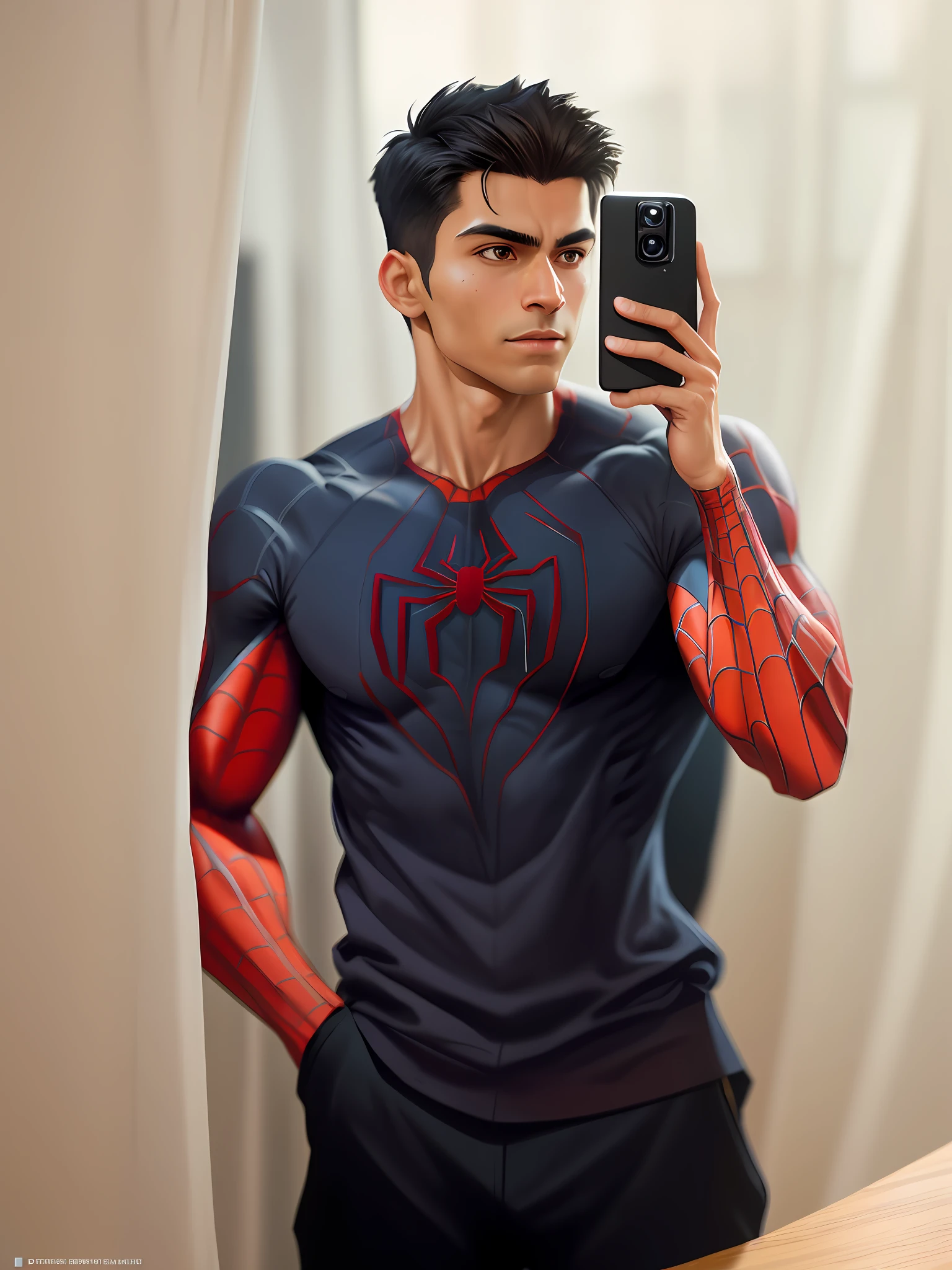 RAW photo, 1 man, spider-man portrait, spider-man suit, thin, intricate, latino, brown skin, elegant, highly detailed, depth of field, natural lighting, hard focus, ray tracing, (masculine: 1.2), 8k uhd, dslr, soft lighting, high quality, film grain, Fujifilm XT3
