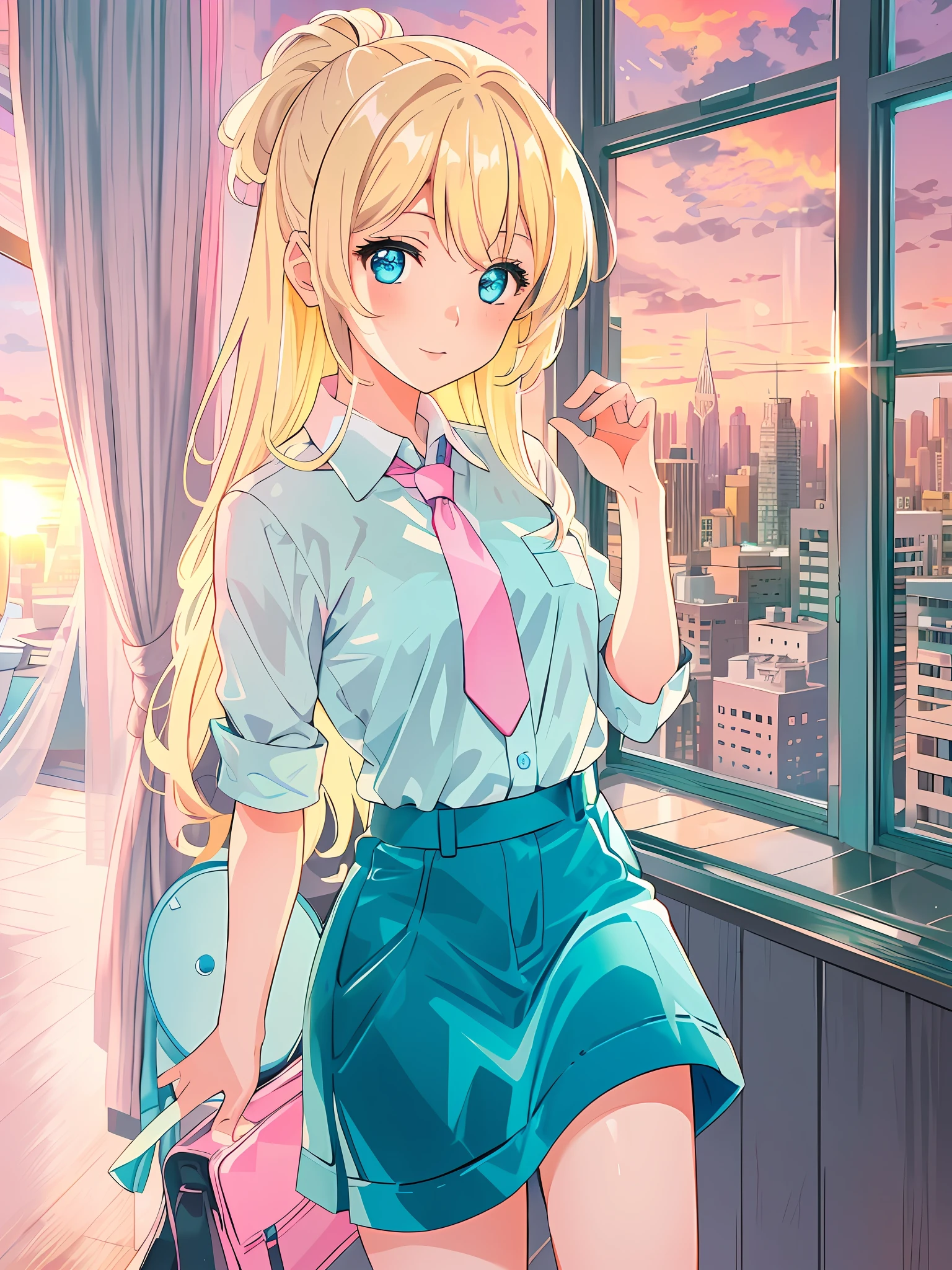 (masterpiece:1.2, best quality), (finely detailed beautiful eyes: 1.2) age 20, solo, female, anime girl, blue eyes, shining eyes, blonde hair, standing straight, teal and white shirt and tie, black skirt, pink details, sunrise, apartment, large window, great view, cityscape, city in background