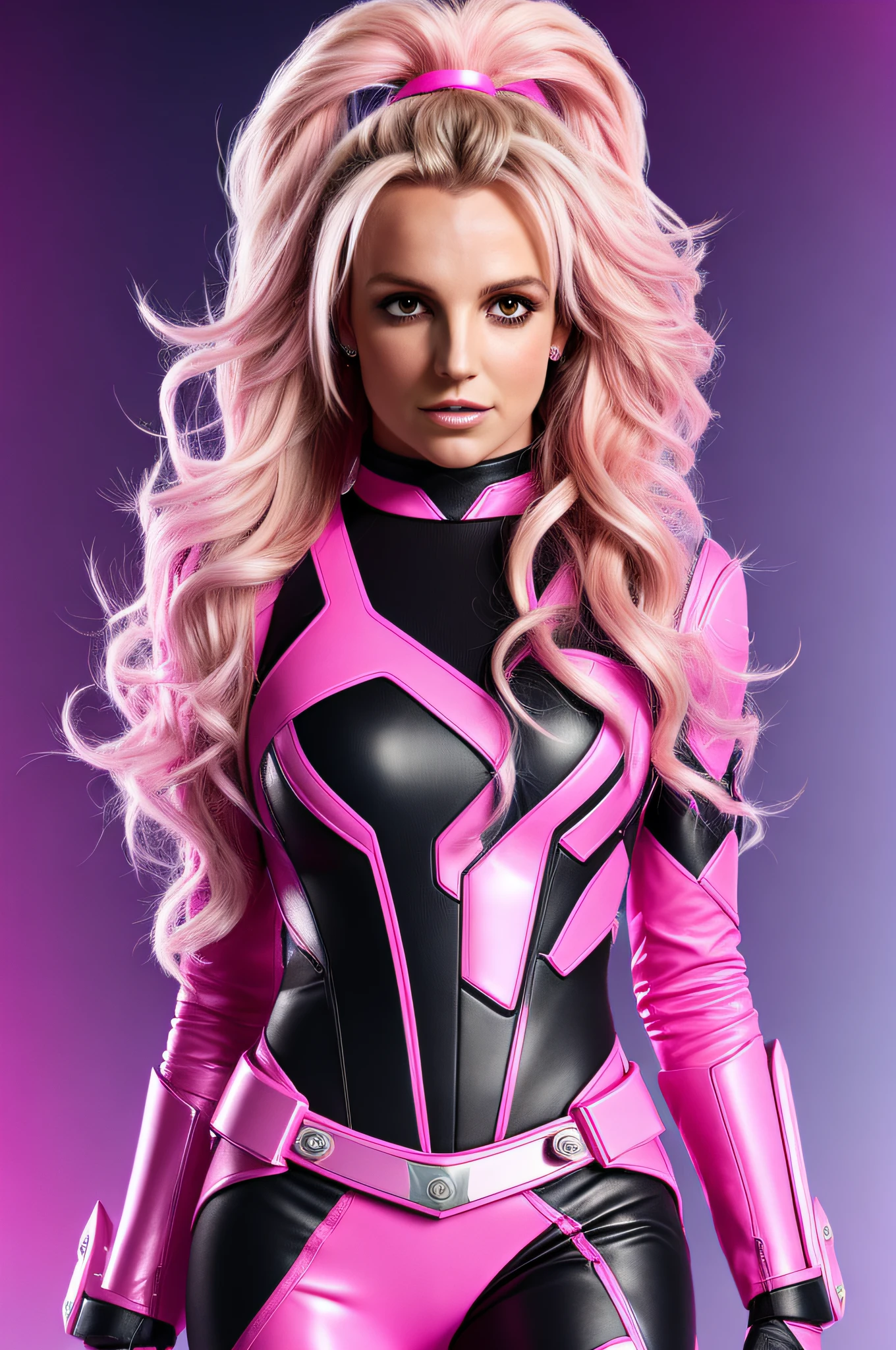 Photo of Britney Spears ,with long hair, with details , long hair , with details , accessories , inspired by pink power rangers ,futuristic outfit, FULL BODY texture 4K, high quality, beautiful hairstyle, 8k picture, high image quality,