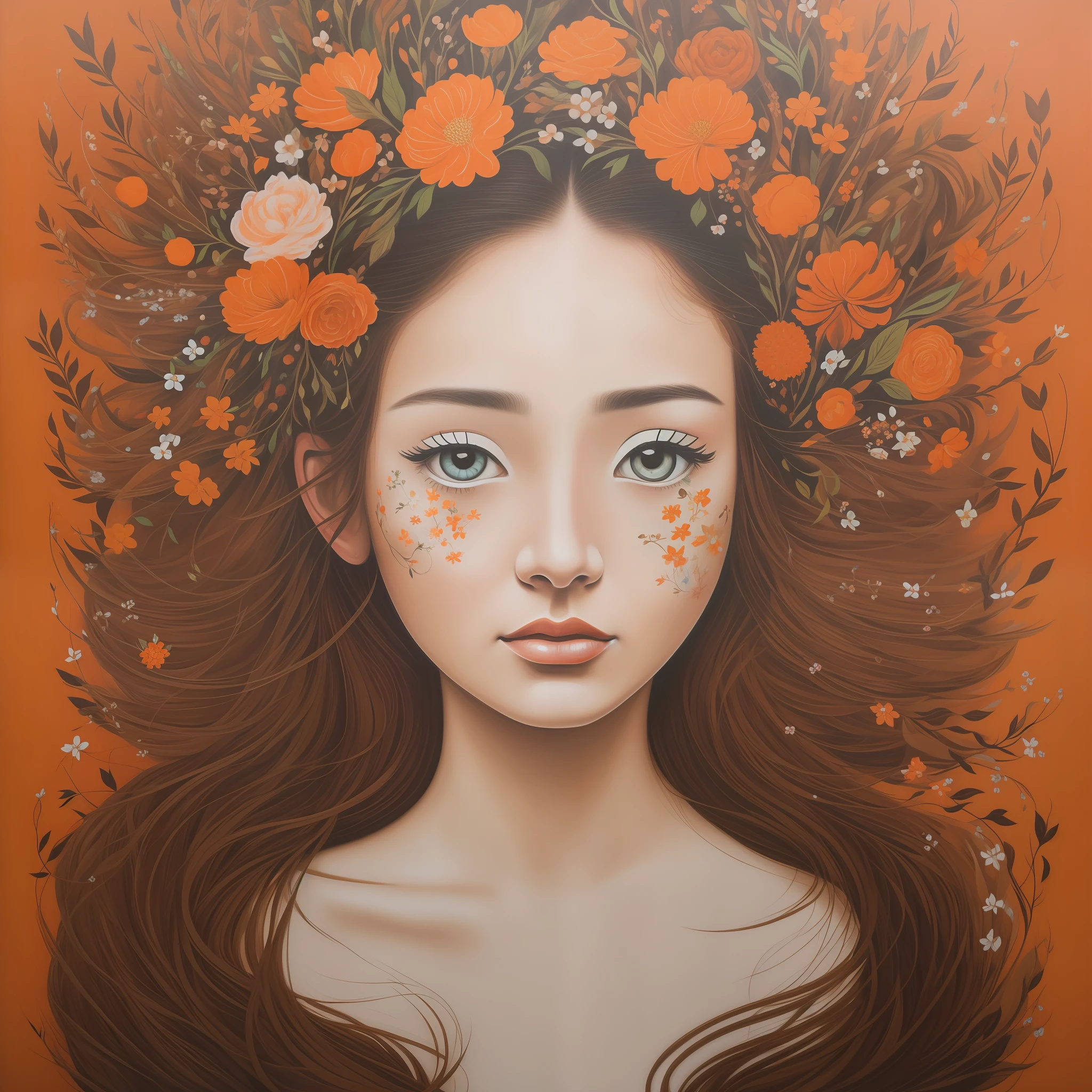 lady with flowers on her head is an acrylic painting, in the style of lucy glendinning, tony diterlizzi, organic and naturalistic compositions, floral explosions, ferris plock, light orange and brown, serene faces --ar 3:4 -