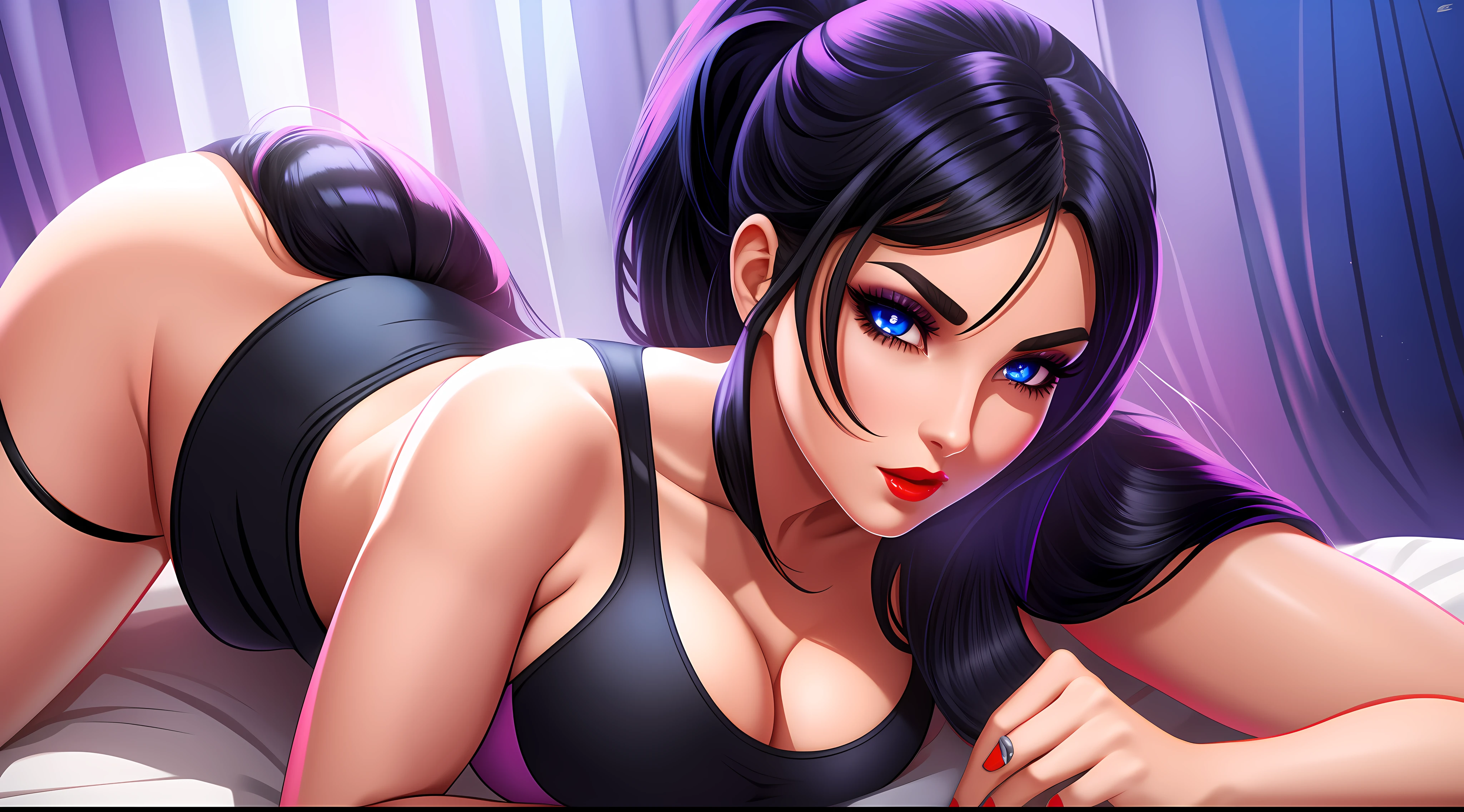 pony tail, black hair, blue eyes, large breasts, wide hips, thick thighs, no teeth, beautiful face, realistic, ray traced, beautiful eyes, red lipstick