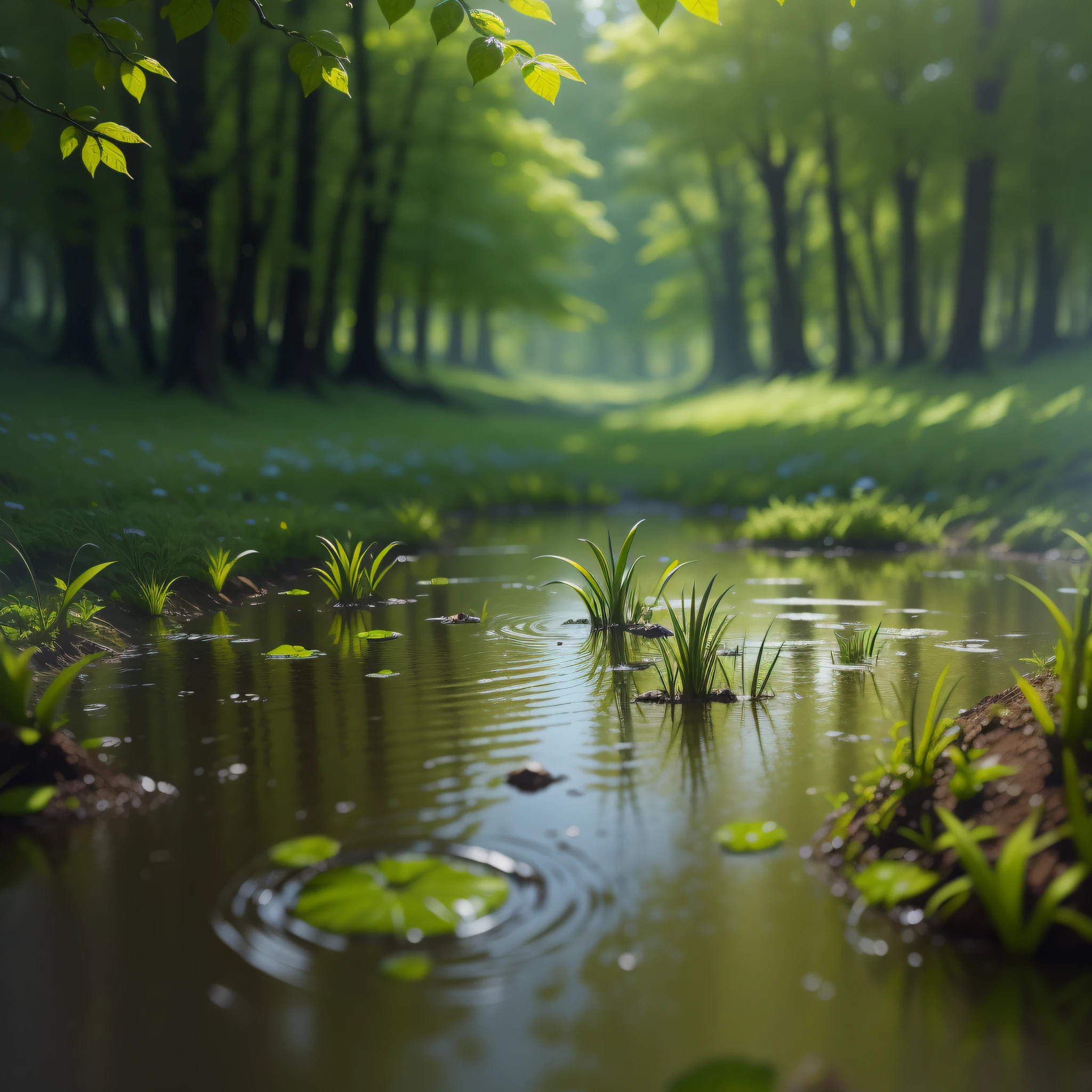 View in the puddle of water of a very green hill, beautiful undergrowth, blur around, 8K