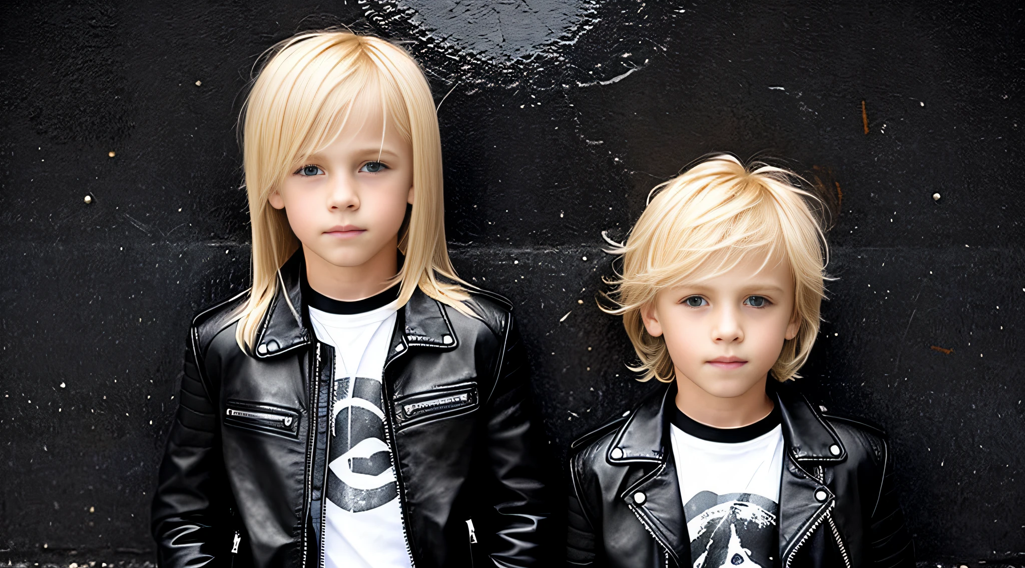 boys blonde children WITH STRAIGHT HAIR, FLAMING BACKGROUND. Black leather jacket and black clothing. .