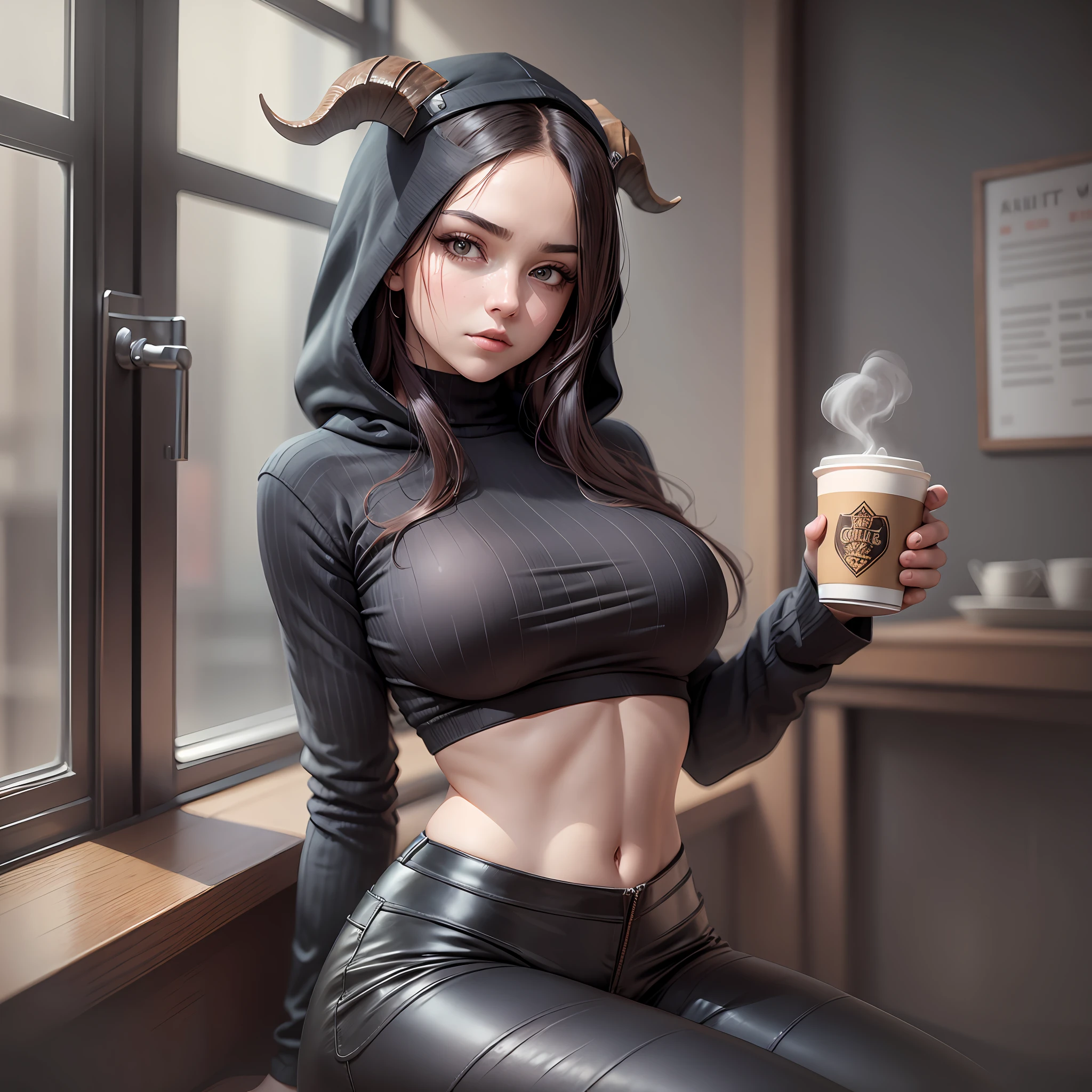 A gothic girl with goat horns bent backwards is sitting in a cafe, holding a warm steamy coffee in one hand and a stamp in the other. She's wearing a long-sleeved black T-shirt and high-waisted flare pants, looking out the window at the cold rainy weather. Lines of facial hair adorn her face and she's wearing an oversized hoodie that reveals her midriff and sagging breasts. She looks tired with bags under her eyes, but there's a hint of shocker in her expression that captivates the viewer. The ground angle shot from below adds to the hyperrealism of the raw photography, which is captured in stunning 8k resolution. It's a masterpiece of a scene that blends fantasy and reality, darkness and warmth, beauty and imperfection --auto --s2