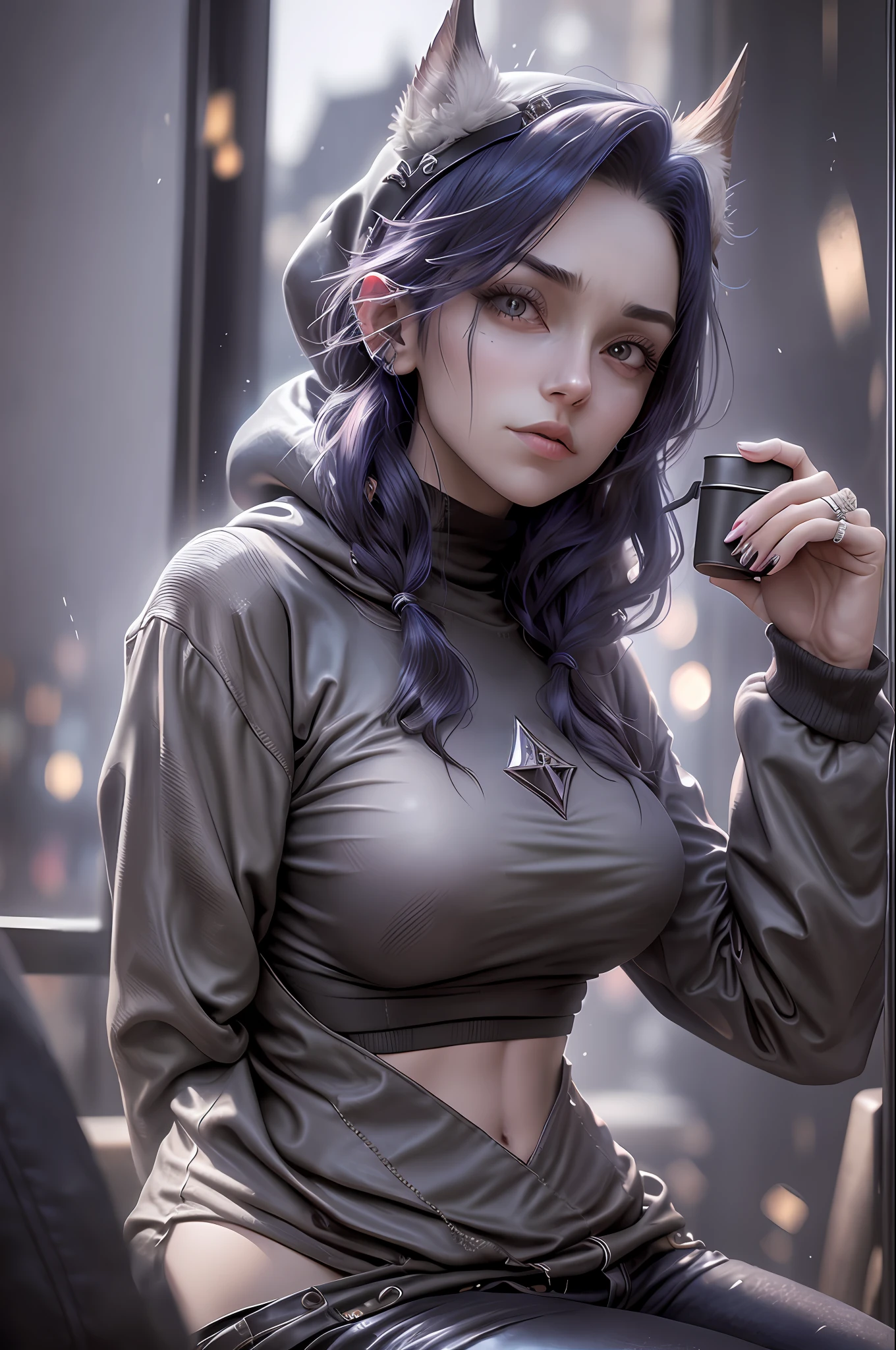 A gothic girl with goat horns bent backwards is sitting in a cafe, holding a warm steamy coffee in one hand and a stamp in the other. She's wearing a long-sleeved black T-shirt and high-waisted flare pants, looking out the window at the cold rainy weather. Lines of facial hair adorn her face and she's wearing an oversized hoodie that reveals her midriff and sagging breasts. She looks tired with bags under her eyes, but there's a hint of shocker in her expression that captivates the viewer. The ground angle shot from below adds to the hyperrealism of the raw photography, which is captured in stunning 8k resolution. It's a masterpiece of a scene that blends fantasy and reality, darkness and warmth, beauty and imperfection