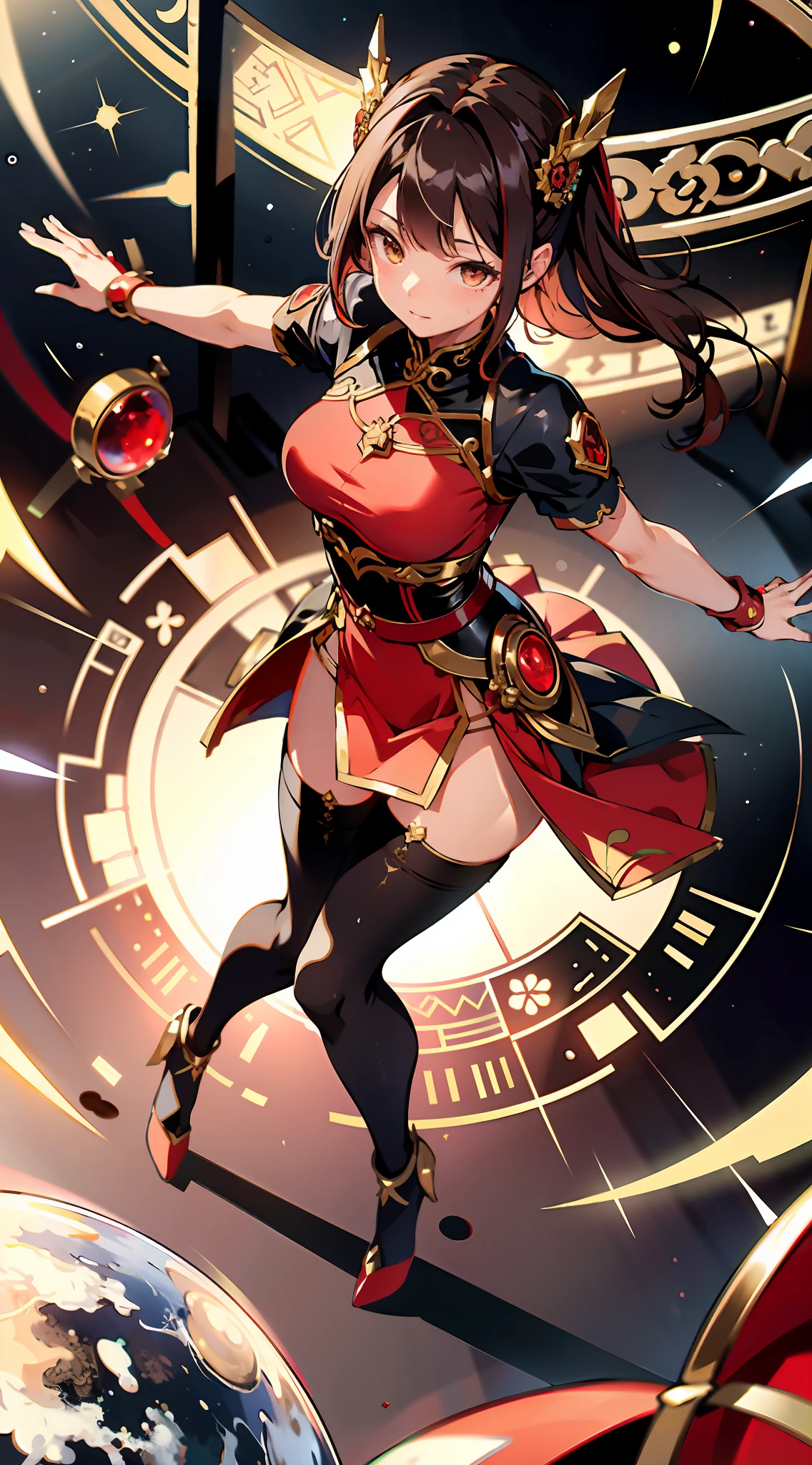 absurd res, high res, (masterpiece:1.4), ultra-detailed, 1girl, from above, space, floating, red Chinese dress, red dress, black stockings, light brown hair, gold eyes, hands out of frame