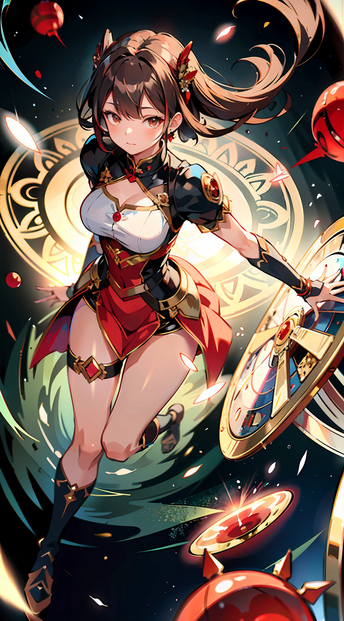 absurd res, high res, (masterpiece:1.4), ultra-detailed, 1girl, from above, space, floating, red Chinese dress, red dress, black stockings, light brown hair, gold eyes, hands out of frame