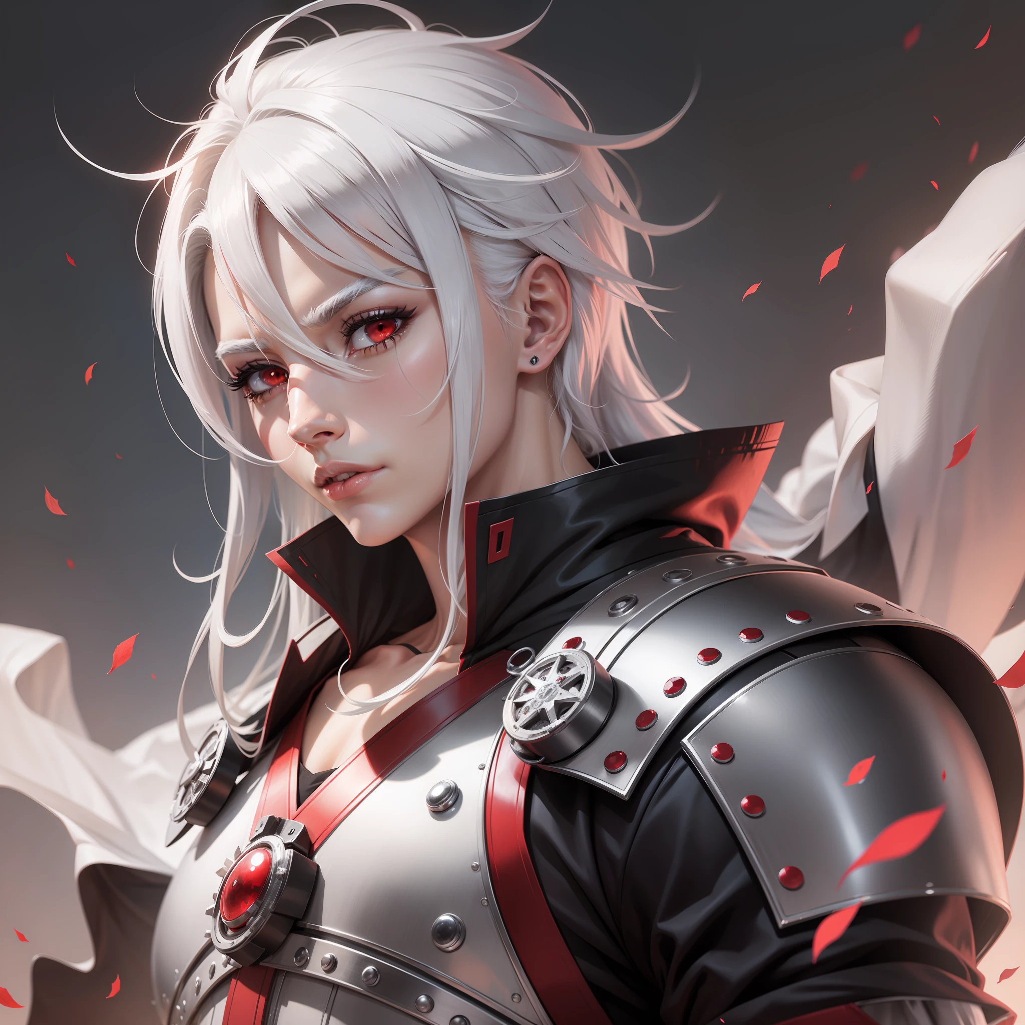 Create an image of a white-haired, red-eyed male character with a straight face Cote de Cabelo in anime format