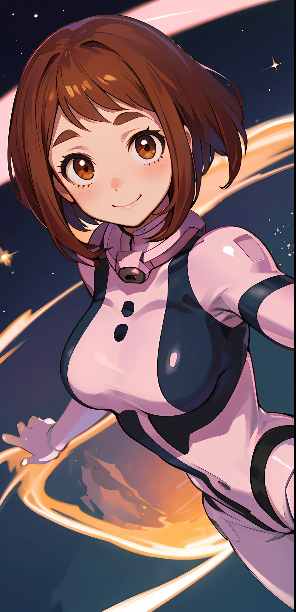 ((masterpiece, best quality;1.3)), ultra detailed, detailed background, 1girl, solo, smile, bodysuit,ochaco uraraka, looking at viewer, large breast,pink suits,
school background, zero gravity,realistic, galaxy, space, flying