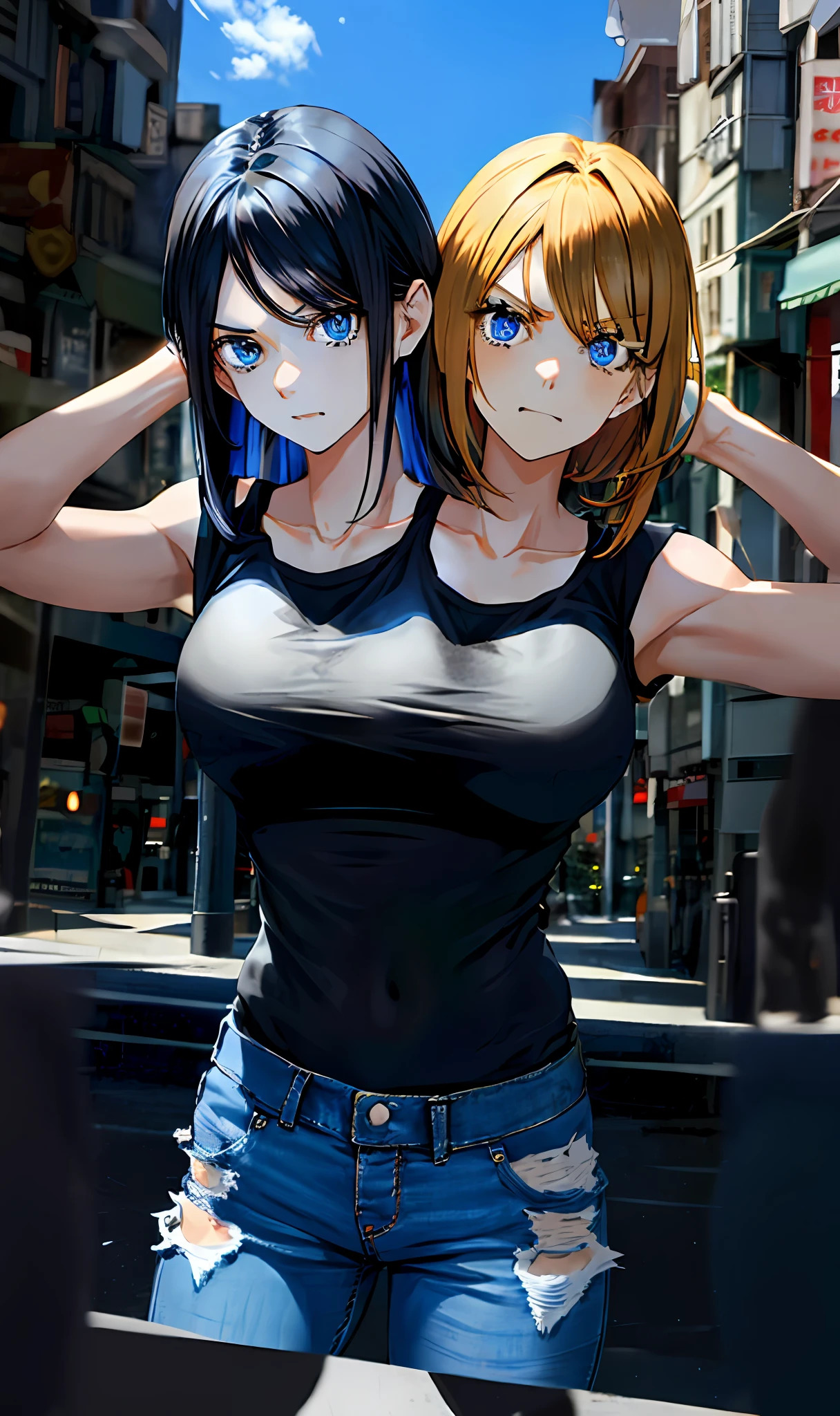 (2heads:1.4), two heads on one body, close up, blue eyes, conjoined anime girl with hands on head blonde hair, black hair, different hair colors, diiferent hairstyles, different faces, different expressions, angry, happy, hands on head, black tanktop, denim  jeans, urban background, no extra hands
