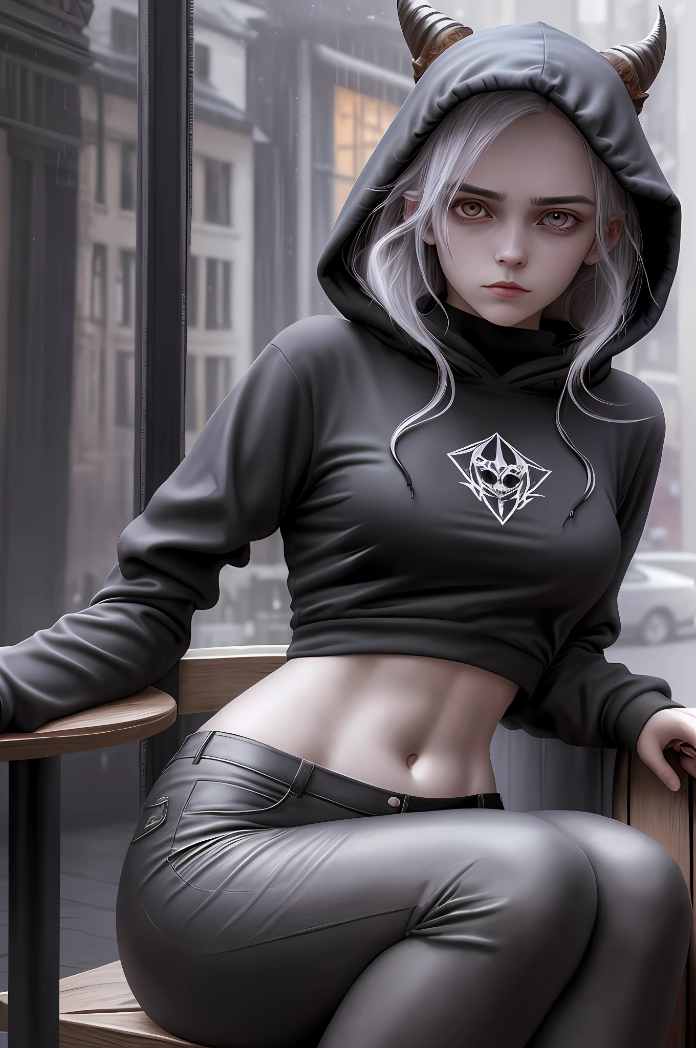 A gothic girl with goat horns bent backwards is sitting in a cafe, holding a warm steamy coffee in one hand and a stamp in the other. She's wearing a long-sleeved black T-shirt and high-waisted flare pants, looking out the window at the cold rainy weather. Lines of facial hair adorn her face and she's wearing an oversized hoodie that reveals her midriff
She looks tired with bags under her eyes, but there's a hint of shocker in her expression that captivates the viewer. The ground angle shot from below adds to the hyperrealism of the raw photography, which is captured in stunning 8k resolution. It's a masterpiece of a scene that blends fantasy and reality, darkness and warmth, beauty and imperfection