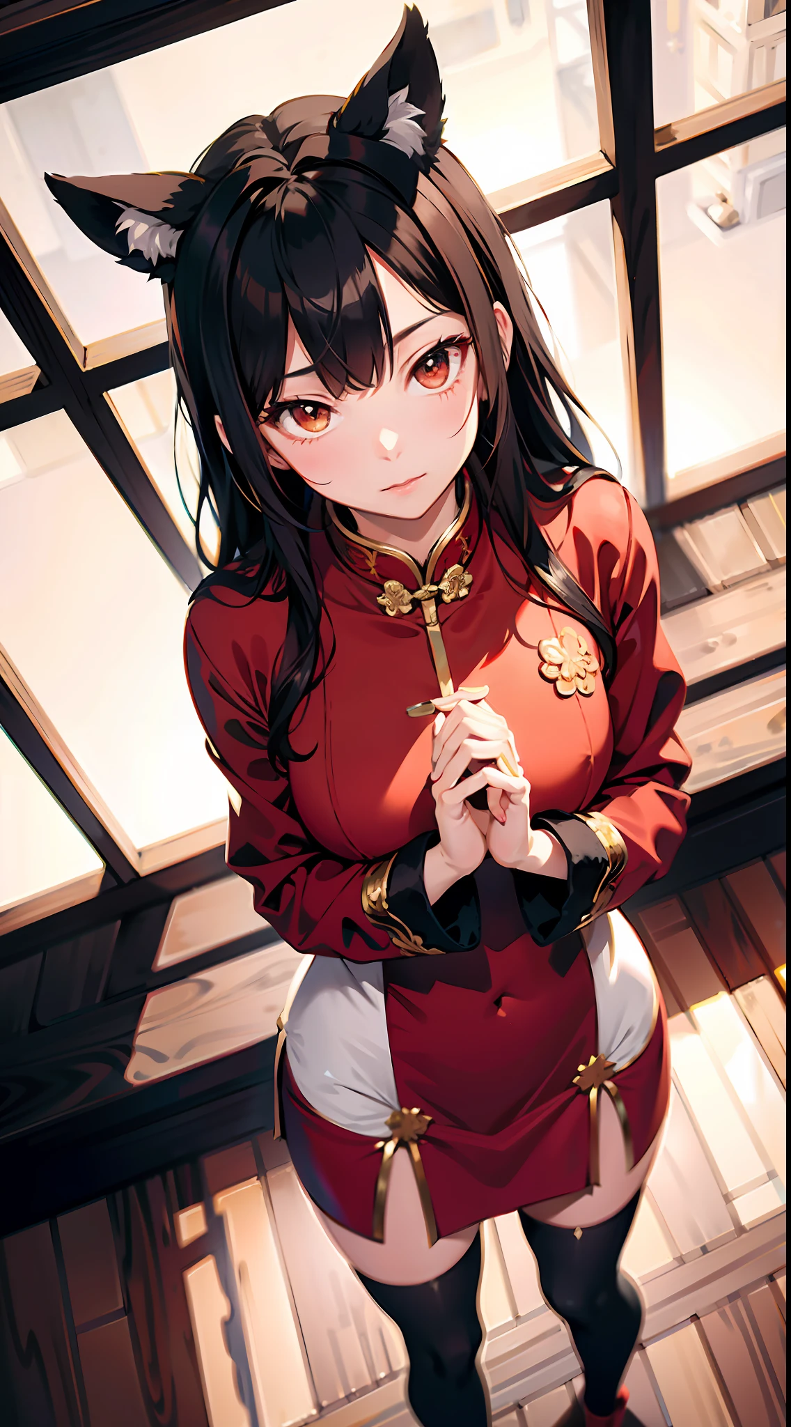 absurd res, high res, (masterpiece:1.4), ultra-detailed, girls, from above, space, floating, red Chinese dress, red dress, black stockings, light brown hair, gold eyes, hands out of frame, furry ears