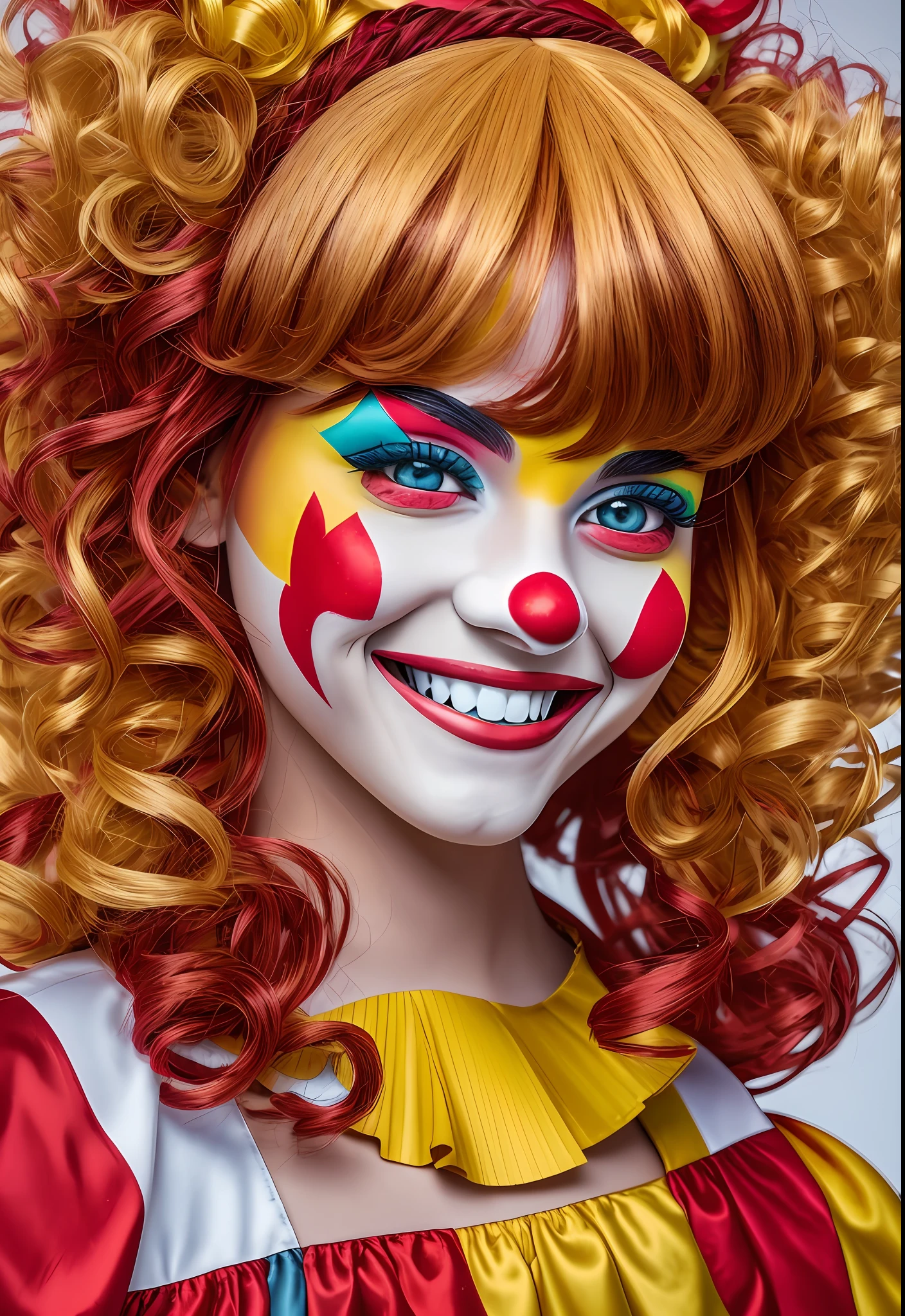 Masterpiece Realistic 8K photo: there is a brunette Brazilian girl with a red and yellow clown cloth wig, maroto smile, with a cute smile, profile picture, laughing, smiling playfully, with a happy expression, reyyan, insane smile, snapchat photo, cutie, cute smile, a sappy smile on her face, playful smile, sweet smile, face painting, Fun smile, nose painted red combined with clown doll costume strong colors red and yellow --auto --s2