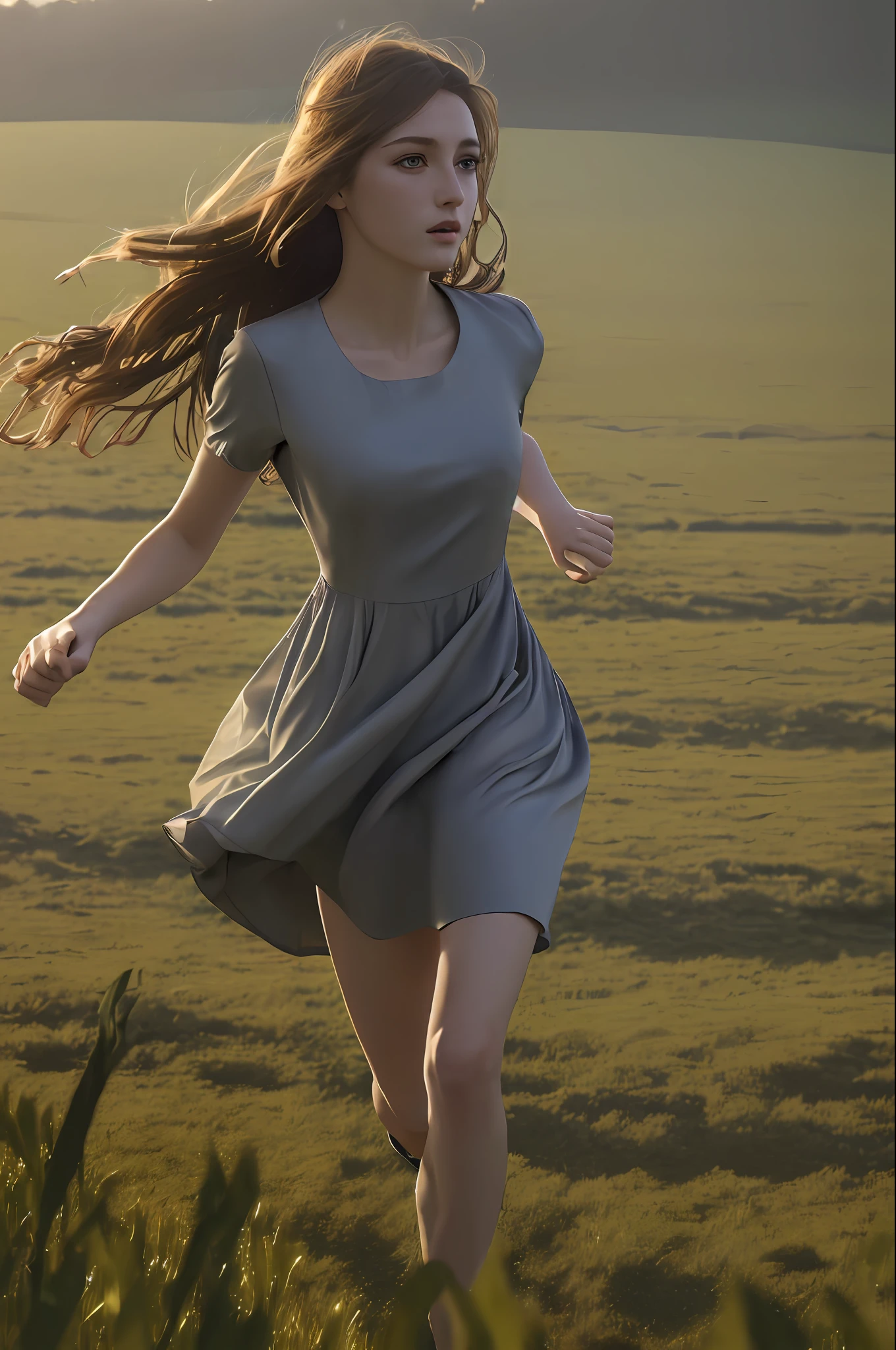 ((((Is running in a dress in the field)))) Best quality, masterpiece, ultra high res, (photorealistic: 1.37), raw photo, 1girl, long hair, beautiful eyes, beautiful face, detailed eyes and face, t-shirt, dynamic lighting, in the dark, deep shadow, discreet, cowboy shot