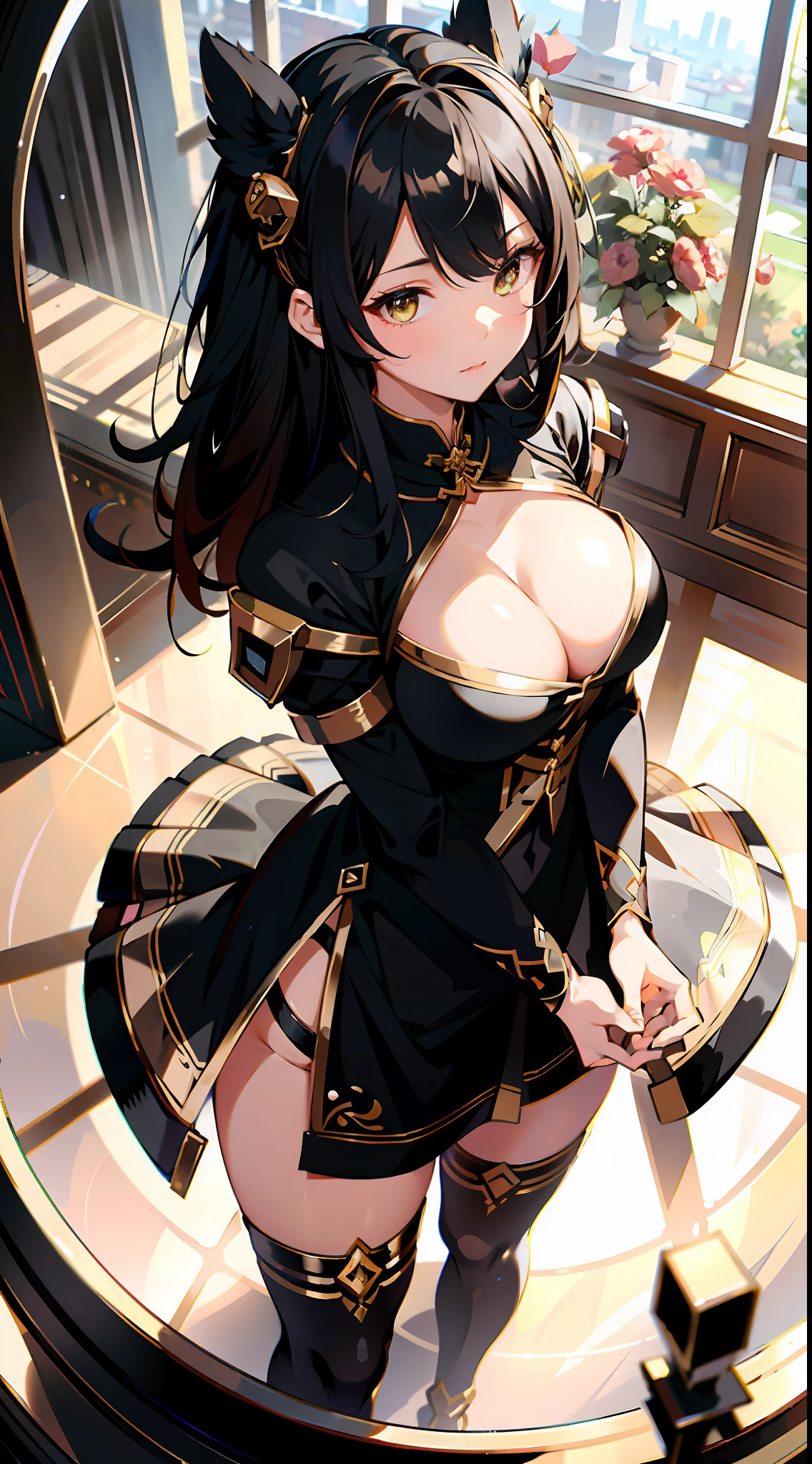 absurd res, high res, (masterpiece:1.4), ultra-detailed, girls, from above, space, floating, black Chinese dress, black dress, black stockings, light brown hair, gold eyes, hands out of frame, furry ears, open top, cleavage, big breasts, boobs, yellow eyes