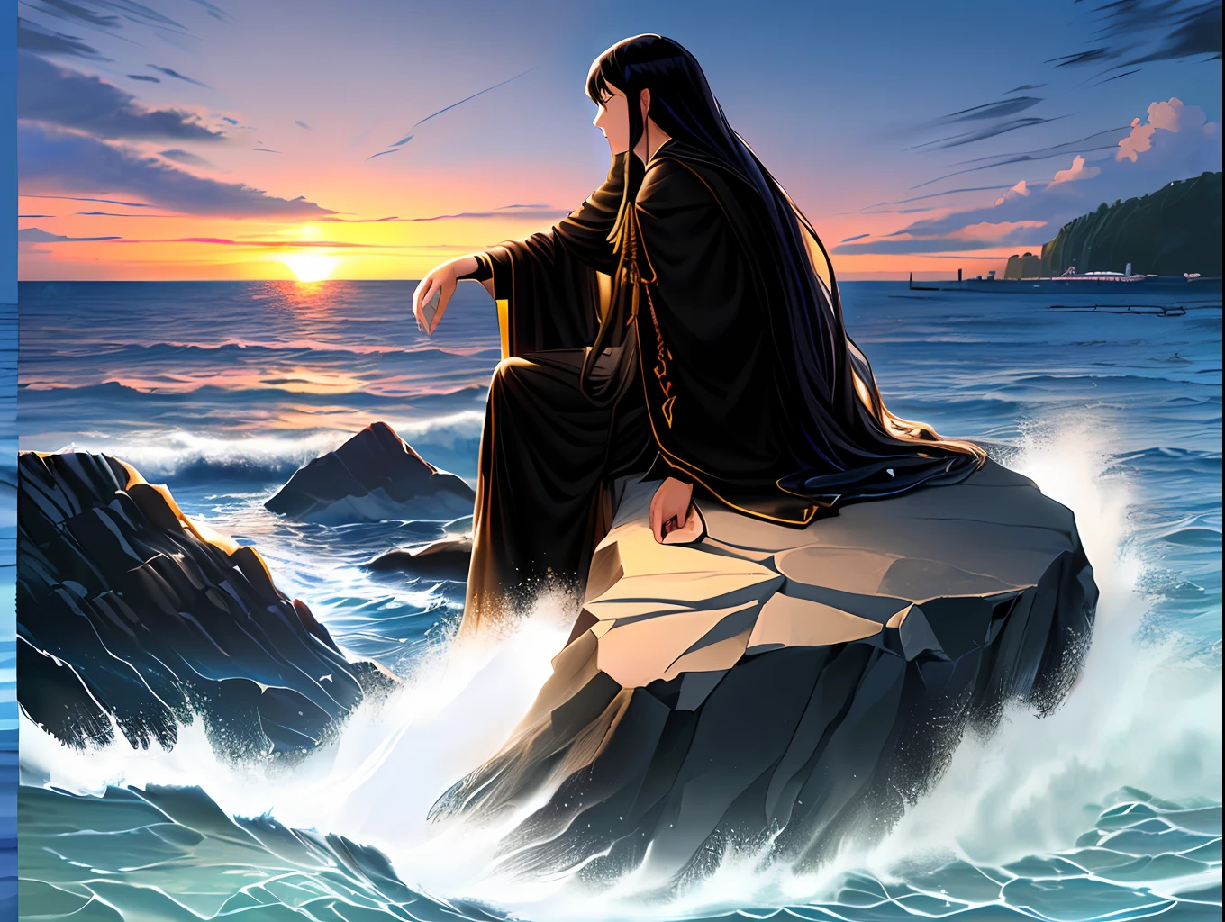 masterpiece, best quality, ultra-detailed, illustration, 1man,long black hair, black long robe,king vibe,sitting on the rock near beach , staring at to the sea., time is sunset, water waves are beating the rock,beach,tree with a house. 1 parrot,