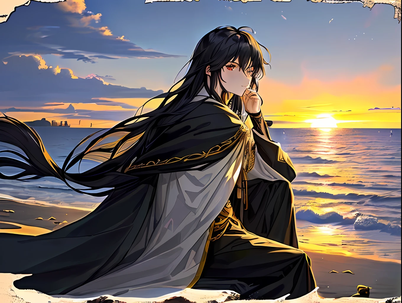 masterpiece, best quality, ultra-detailed, illustration, 1man,long black hair, black long robe,king vibe,sitting on the rock near beach , staring at to the sea., time is sunset, water waves are beating the rock,beach,tree with a house. 1 parrot,