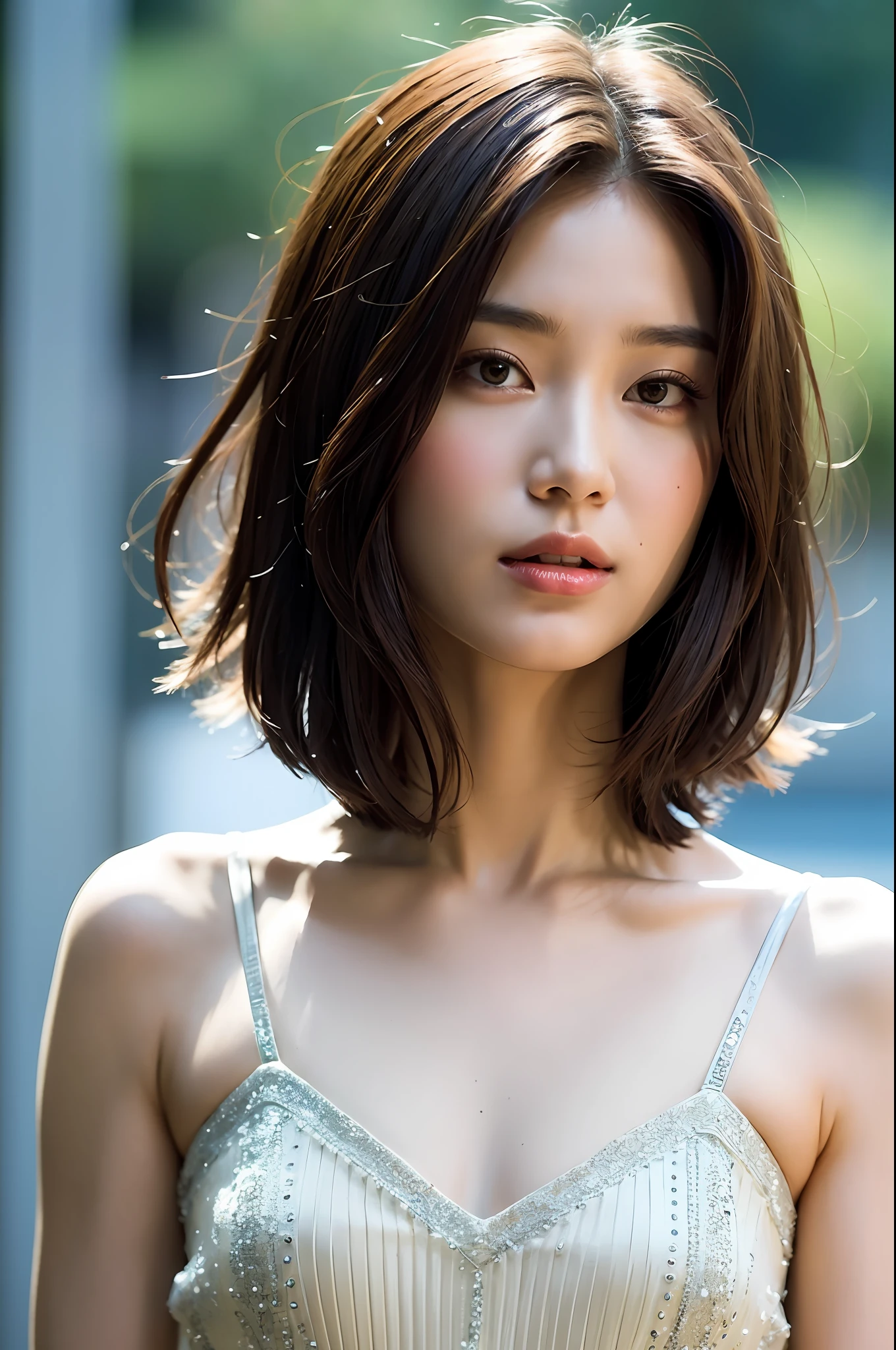 Top Quality, Masterpiece, High Definition, 1girl, Beautiful and Perfect Face, Bob Cut, Maxi Dress, Intricate Details, Cinematic Feel, 8K, Very Detailed,Well-Formed Face