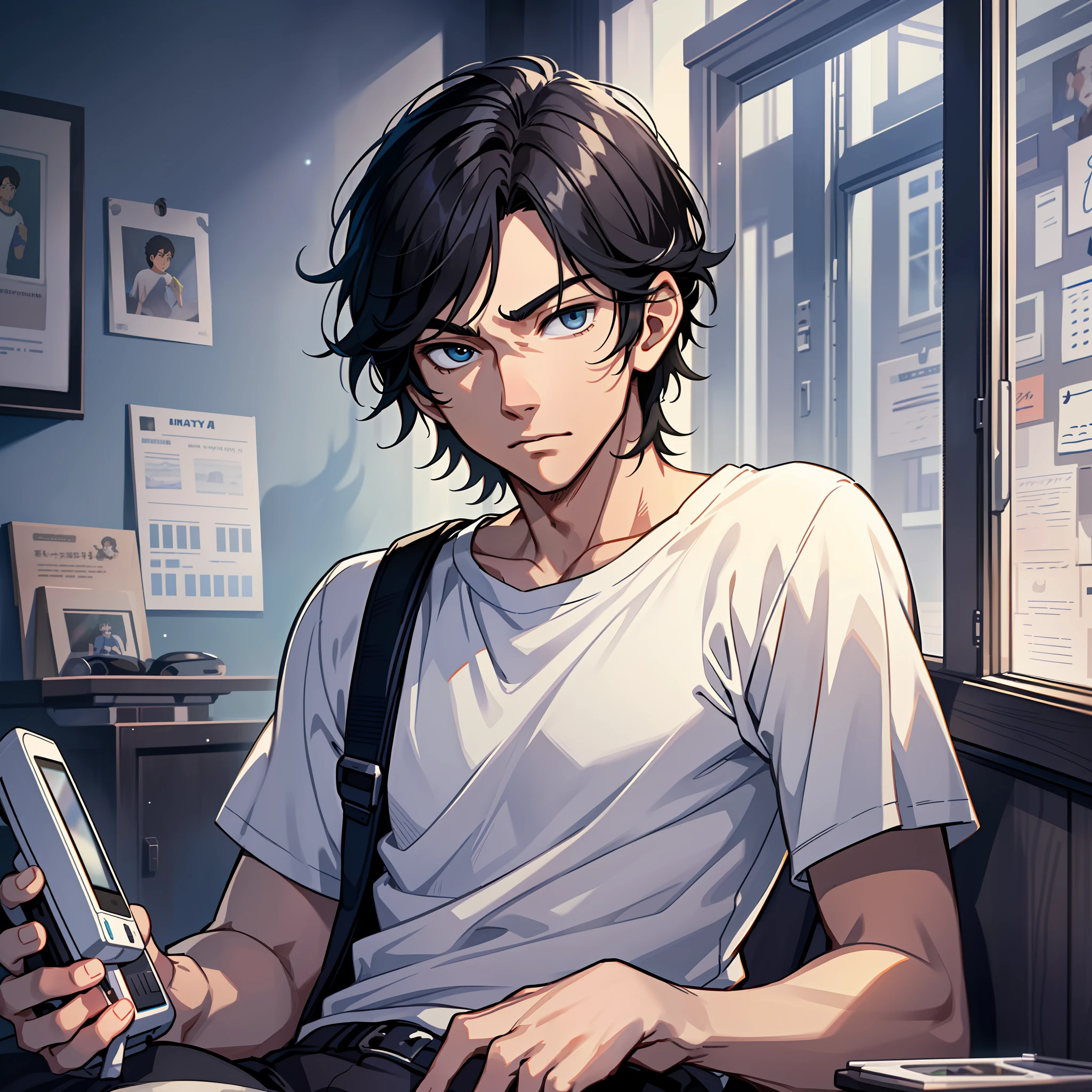 A boy, handsome, delicate face, gentle eyes, black hair, white T-shirt, holding a cell phone in his hand, interior, masterpiece, 4k, official art illustration, animation, Studio Ghibli style, eyes looking at the camera