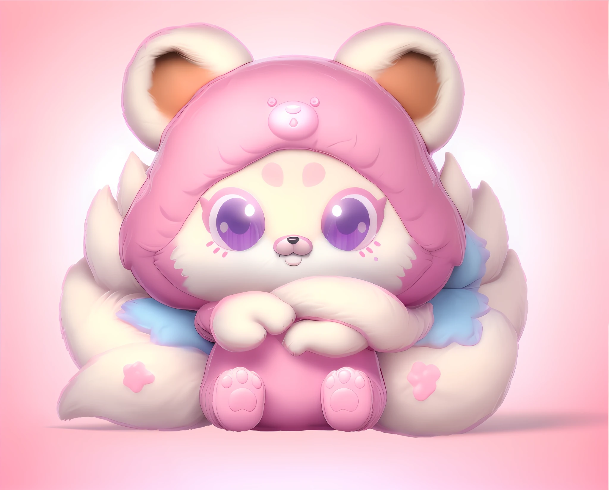 As a full body Funko Pop! , fox in teddy bear costume, vinyl toy statue, furry appearance, soft sponge, as funko pop! , Inspired by the close-up of the Nyuju Stumpy Brown fox statue, cute, macaron pink with white color scheme, detailed image, Nendoroid 3 D, 3 D smallest pet shop cat, blender, pastel color scheme, masterpiece, best quality, DSLR, intricate details