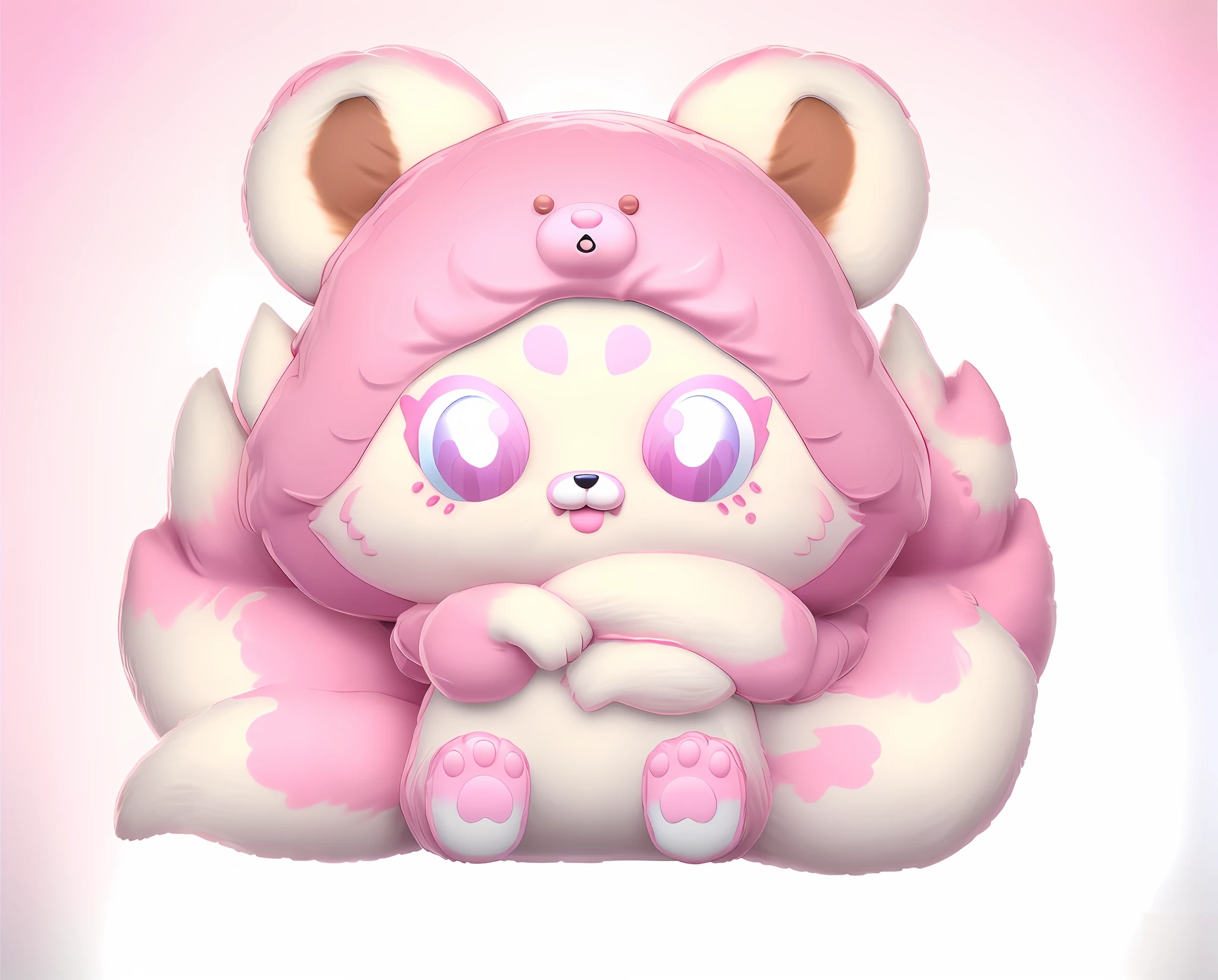 As a full body Funko Pop! , fox in teddy bear costume, vinyl toy statue, furry appearance, soft sponge, as funko pop! , Inspired by the close-up of the Nyuju Stumpy Brown fox statue, cute, macaron pink with white color scheme, detailed image, Nendoroid 3 D, 3 D smallest pet shop cat, blender, pastel color scheme, masterpiece, best quality, DSLR, intricate details