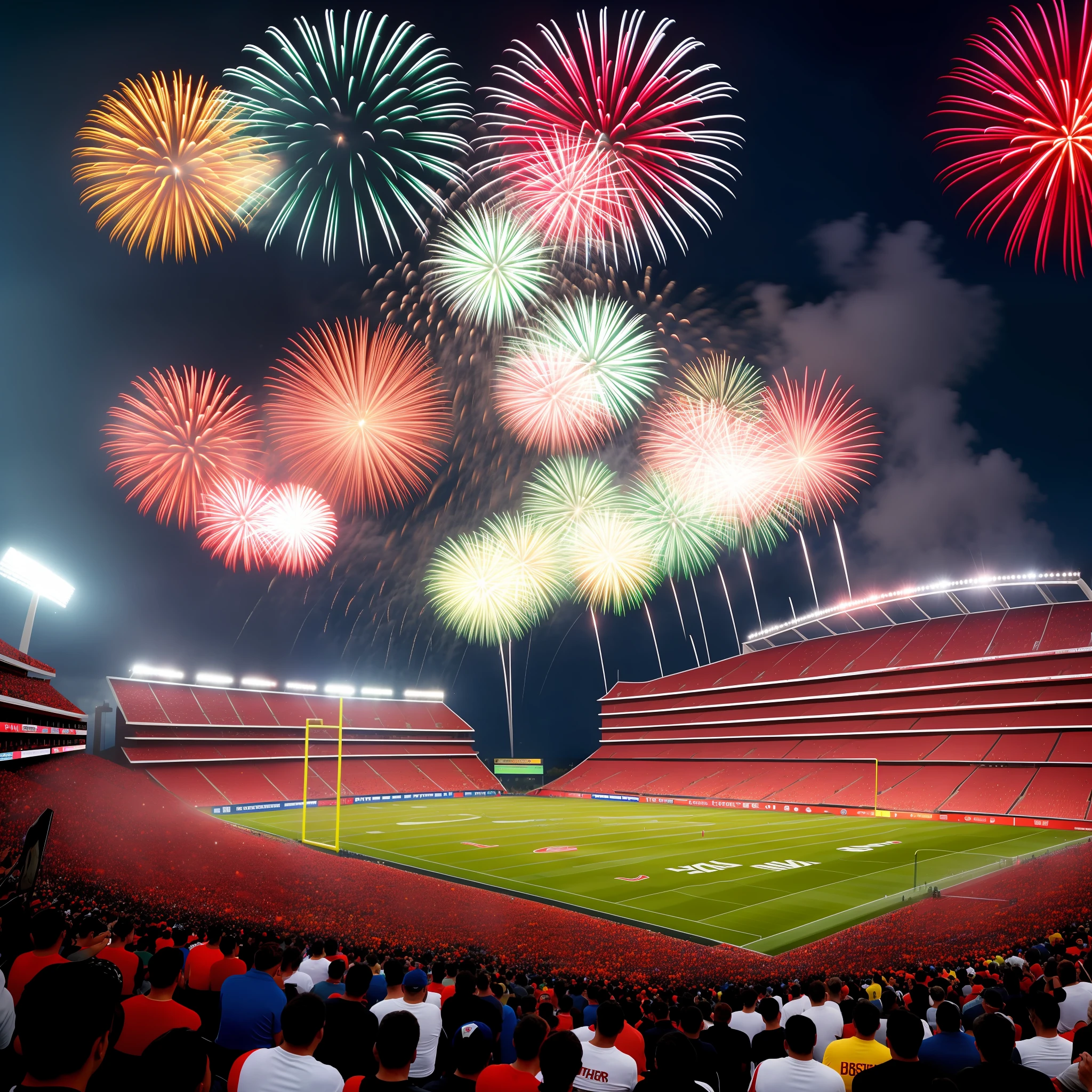 Create a central image of a football stadium, with fans, fireworks, lots of rain
