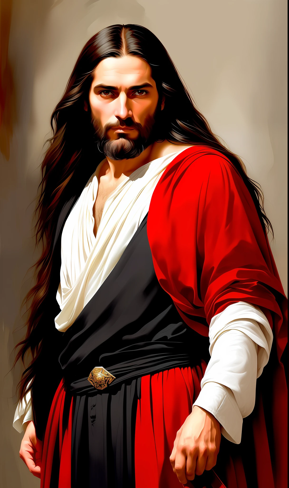 A beautiful ultra-thin realistic portrait of Jesus the prophet, long gray hair, long black beard, pointing his finger at me, wearing black and red striped tunic, in front view, full body, biblical, realistic, intricate details, by Abbott Fuller Graves, Bartolome Esteban Murillo, J.C. Leyendecker, Craig Mullins, Peter Paul Rubens, (Caravaggio), Trend in Artstation, 8K, Concept Art, Fantasy Art, PhotoRealistic, Realistic, Illustration, Oil Painting, Surrealism, HyperRealistic, brush brushes, Digital art, style, watercolor
