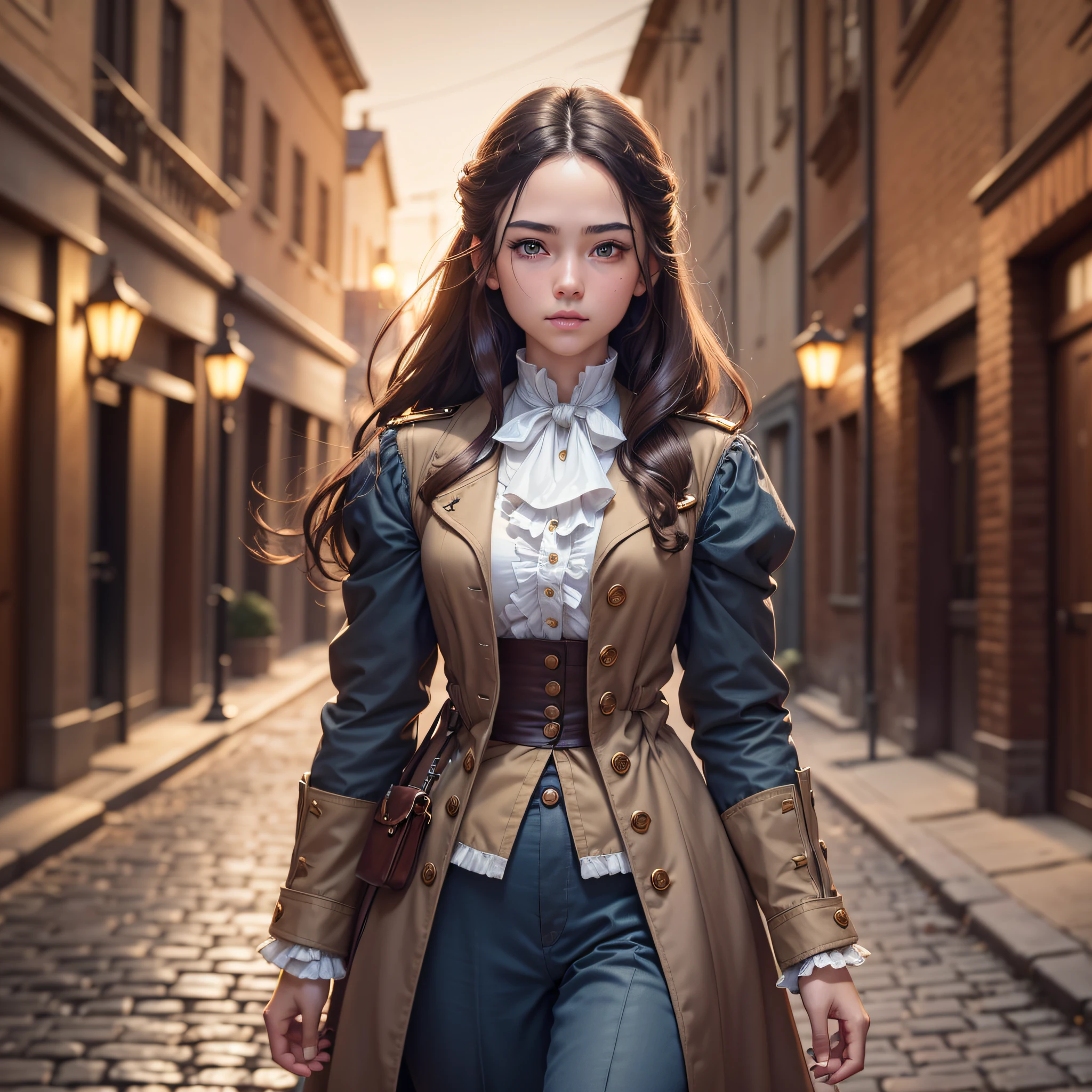 (High resolution, distinct_image) Stunning character, masterpiece, high detail, soft features, semi-realistic, half body, small forehead, short forehead, long (chest length) messy soft brown hair like a woman, middle parted hair, dark brown hair that is slightly pulled back and pinned out of her face in a simple way but still down, dark blue eyes, 24 years old, young, small scars on her face, wearing 1775 historically accurate american revolutionary colonel uniform with tan pants and a open dark blue military jacket with golden epaulettes on the shoulders, detailed face, perfect eyes, asian and caucasian descendant features, (highly detailed soft skin:1.1), 8k, intricate, Soft lighting, Dramatic sunset, standing in a 1700s victorian city in the evening/night, soft background, RAW, analog style, sharp focus, 8k, DSLR, high quality, Fujifilm XT3, grain, award winning, masterpiece (best quality:1.2) (detailed) (inticate) (8k) (HDR) (wallpaper) (cinematic lighting) --auto --s2