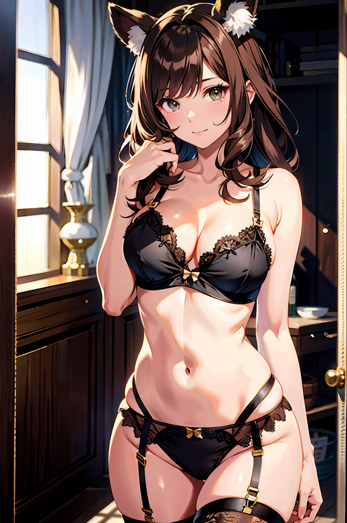 Brown hair, lingerie only, furry ears down