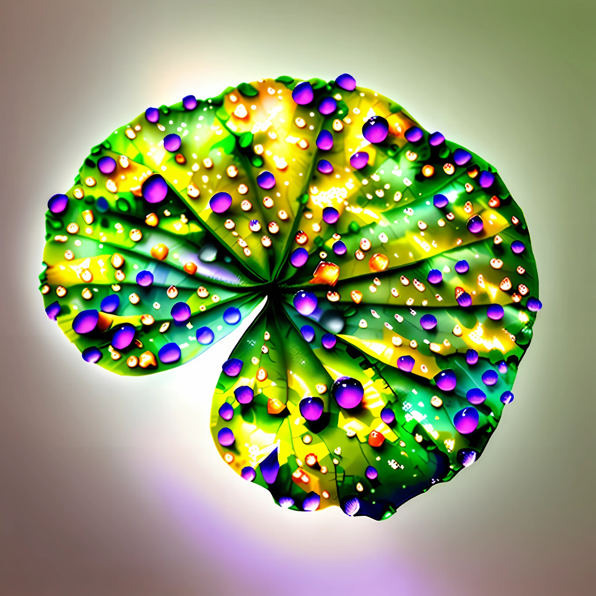 a close up of a leaf with water droplets on it, lily pad, green lily pads, by Maeda Masao, drops, by Tadashi Nakayama, leaf, leaf green, raindrop, lotus, four leaf clover, dew, clover, by Gusukuma Seihō, closeup portrait shot, dew drops, droplets, lily pads, GlowingRunesAI_purple