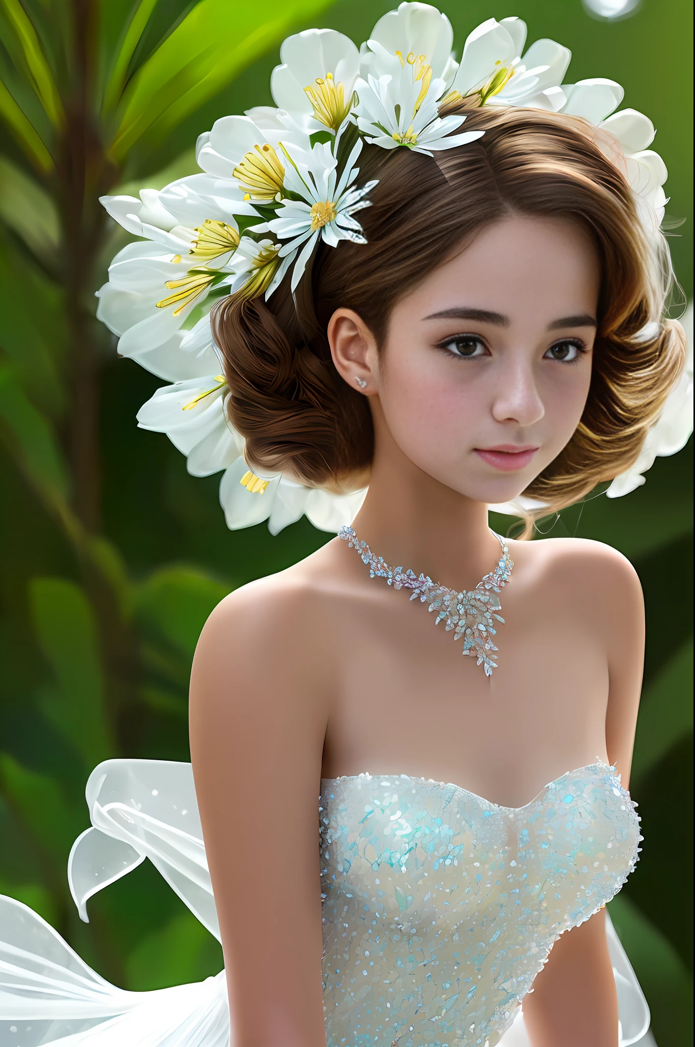 Full shot,(photorealistic:2), one girl of 18 years old dazzlingly beautiful appearance stands against the backdrop of a picturesque landscape in the rainforest, oval face ideal proportions and features, European Slavic, eyes bright cornflower color, eyelashes long and fluffy, eyebrows dark, nose neat, medium lips a little plump, face hyperdetailed, body graceful and graceful with white skin, ultra short transparent organza dress with a deep neckline and neckline, The dress shines through, small breasts and swollen are visible, the girl is wearing elegant crystal shoes, a crystal tiara with sapphires on her head, a precious necklace made of turquoise and emeralds around her neck, a high-resolution photo, the image of the girl is sharp and clear, the back light draws an outline around the silhouette of the girl, the filling light is soft, it illuminates the face and figure well, the color of the photo is cinematic, (photo as in the gallery of arts, Photo style like William Martenson:2)... --auto --s2