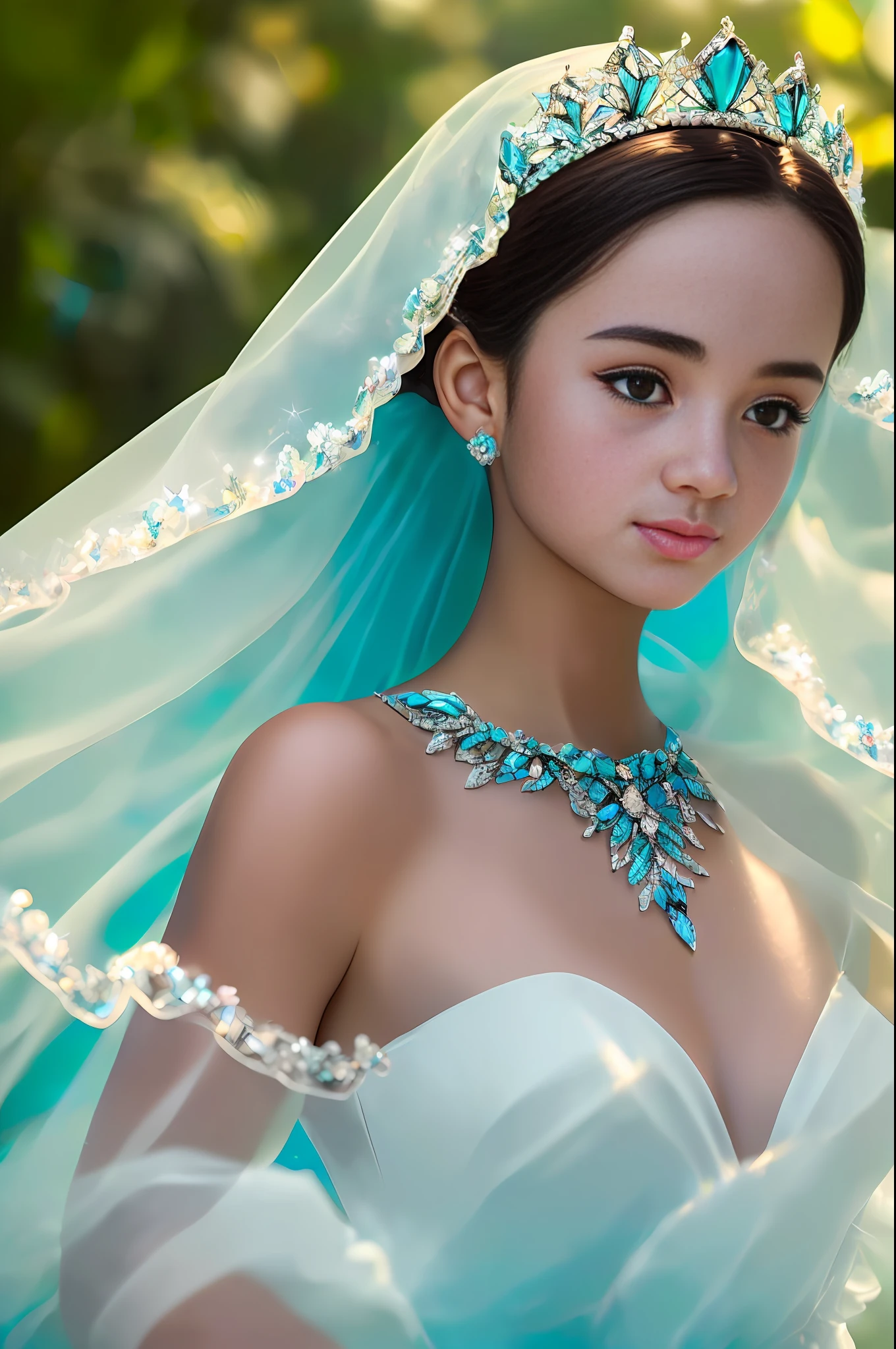 Full shot,(photorealistic:2), one girl of 18 years old dazzlingly beautiful appearance stands against the backdrop of a picturesque landscape in the rainforest, oval face ideal proportions and features, European Slavic, eyes bright cornflower color, eyelashes long and fluffy, eyebrows dark, nose neat, medium lips a little plump, face hyperdetailed, body graceful and graceful with white skin, ultra short transparent organza dress with a deep neckline and neckline, The dress shines through, small breasts and swollen are visible, the girl is wearing elegant crystal shoes, a crystal tiara with sapphires on her head, a precious necklace made of turquoise and emeralds around her neck, a high-resolution photo, the image of the girl is sharp and clear, the back light draws an outline around the silhouette of the girl, the filling light is soft, it illuminates the face and figure well, the color of the photo is cinematic, (photo as in the gallery of arts, Photo style like William Martenson:2)... --auto --s2