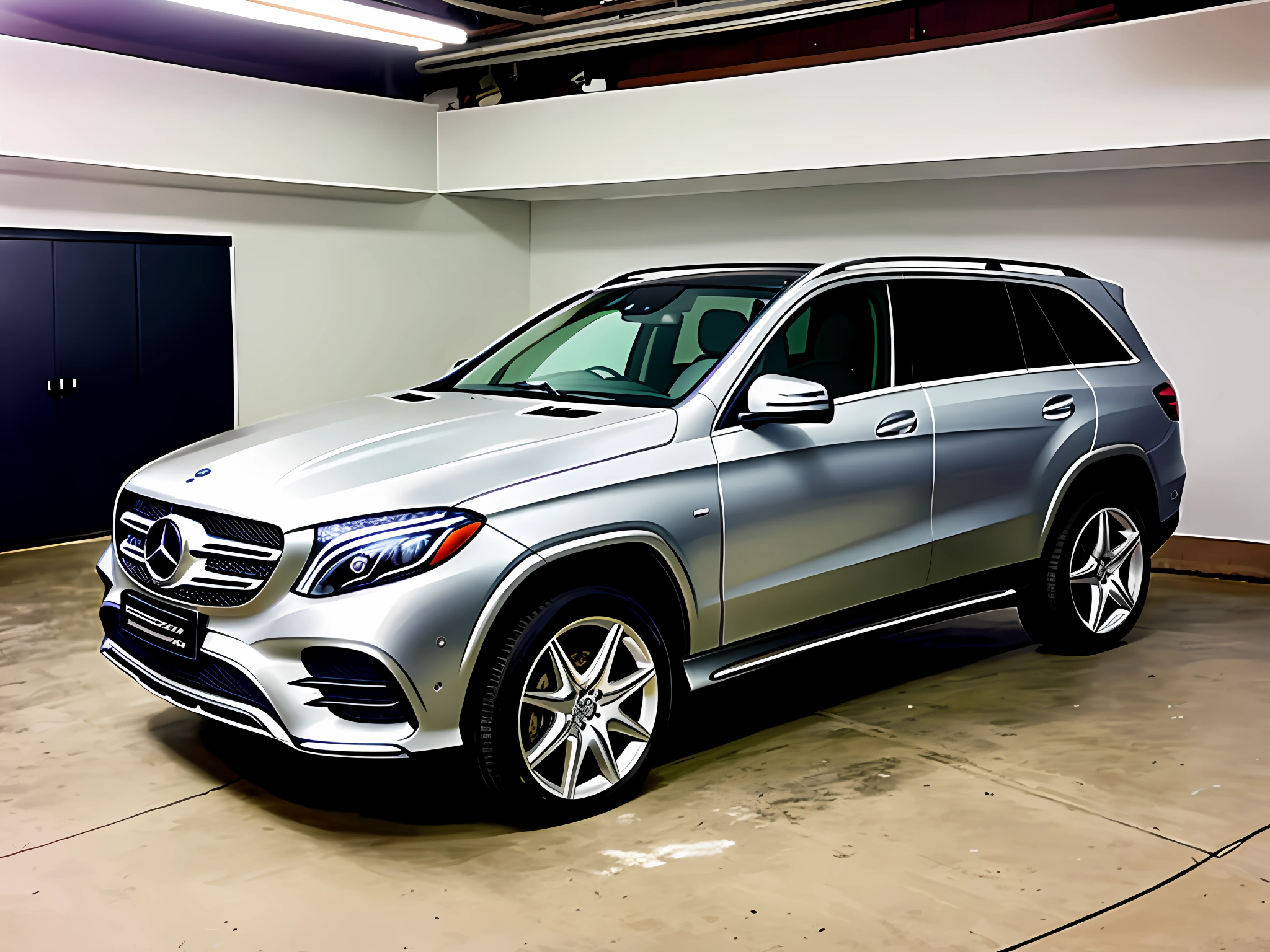 photo 3/4 front view, full view, mercedes suv, staaning in garage, 2 spotlights, studio lightning, light grey gloss paint, shiny