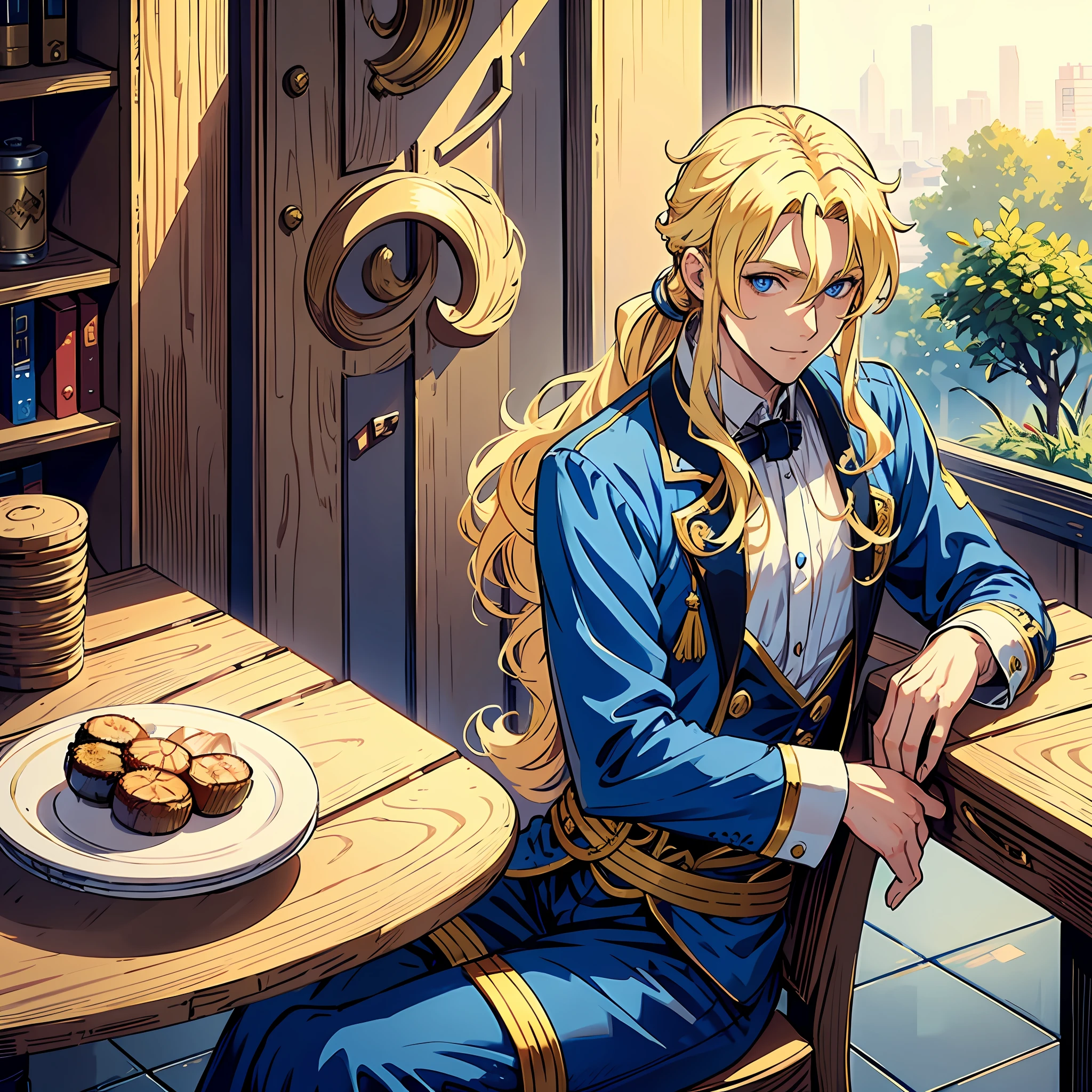 Guy, full-length, anime, blonde, blonde hair, curls, hair gathered in a ponytail, fantasy, blue eyes, character standing upright, light clothes, smile, kind, courageous, nobleman, sitting on a chair, next to a table, resting his head on his hand